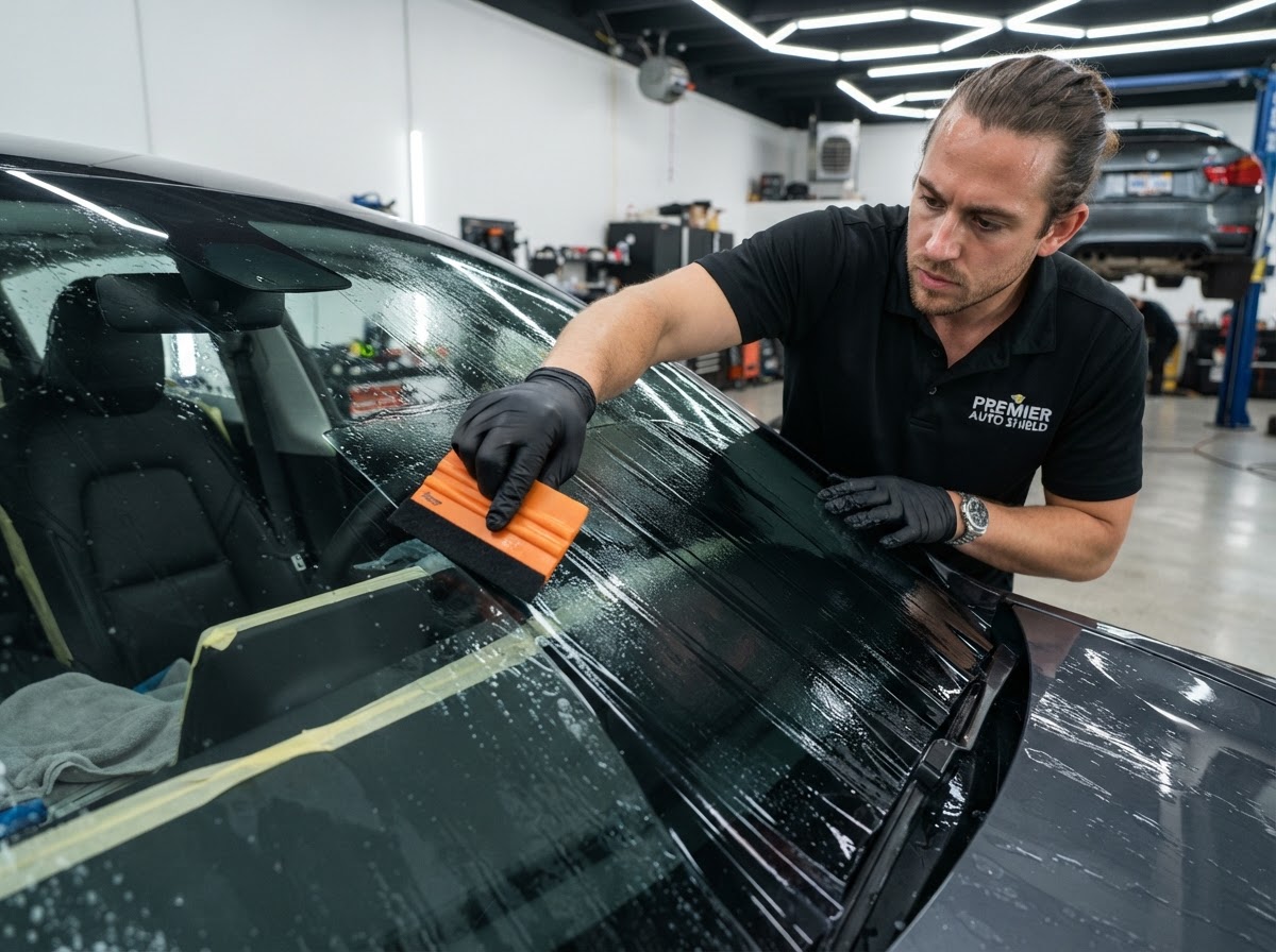 Installer applying ceramic film to front car window — Tinted by TK