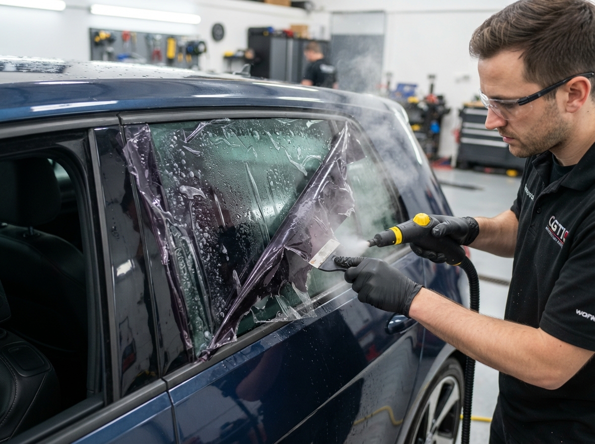Old bubbled window tint being removed from car window — Tinted by TK