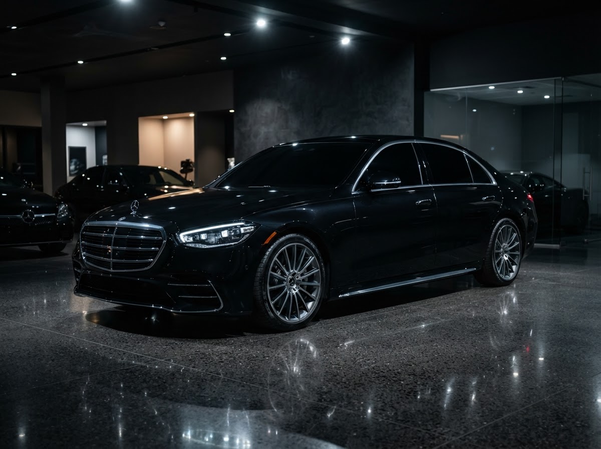 Luxury sedan with fully tinted windows in showroom — Tinted by TK