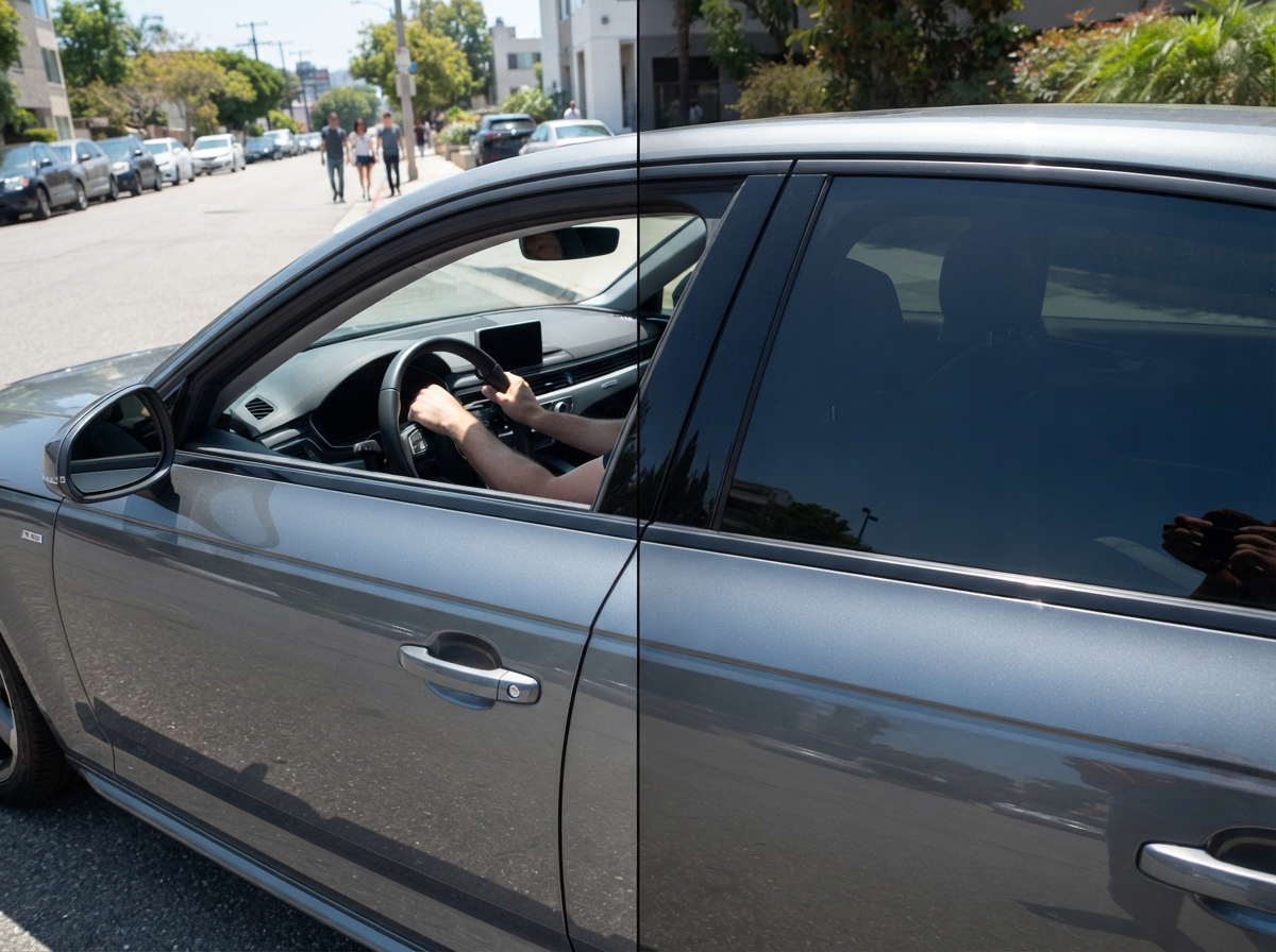 Before and after comparison of front car window tint — Tinted by TK