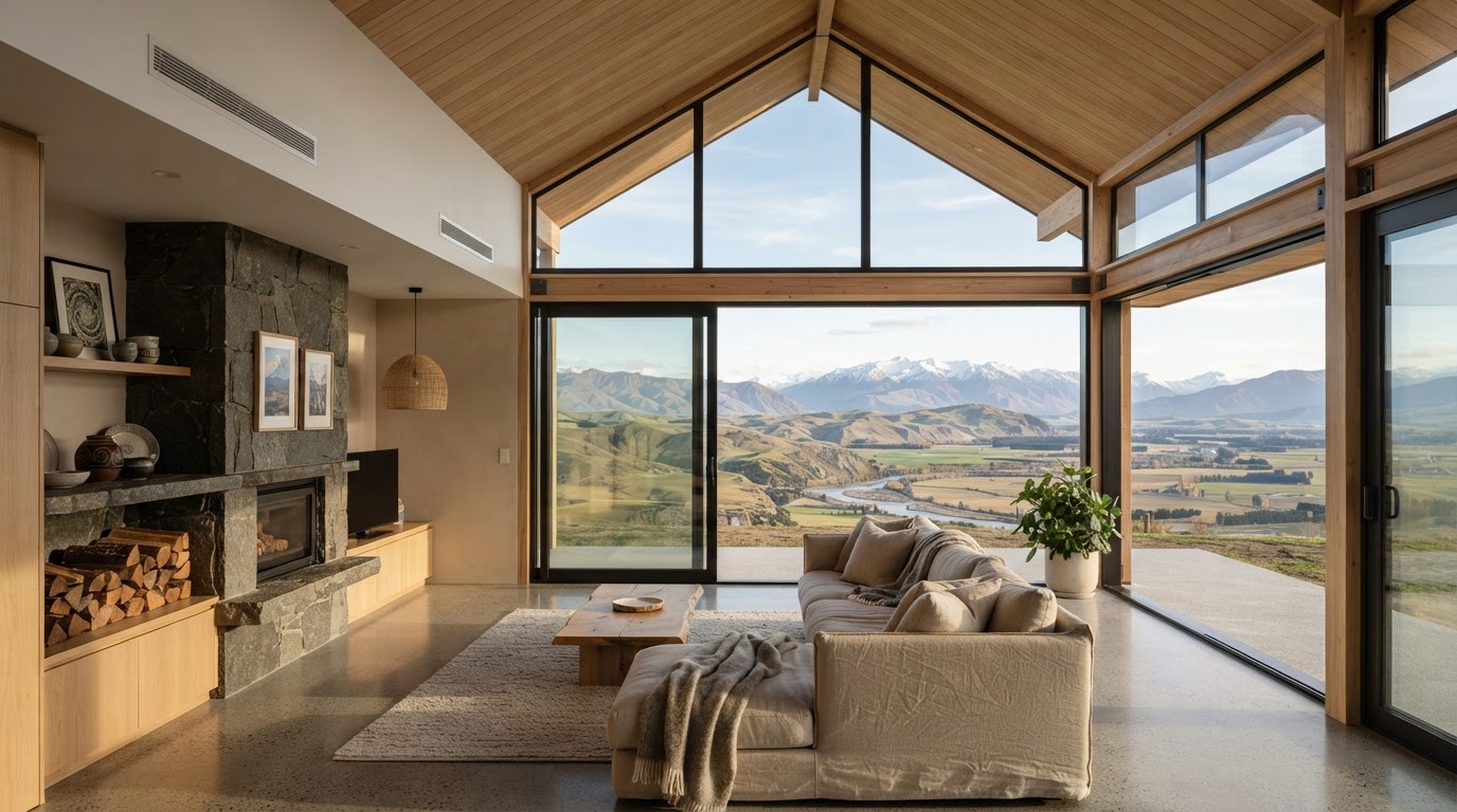 Architectural Canterbury home interior with discreet ceiling diffusers and warm natural materials