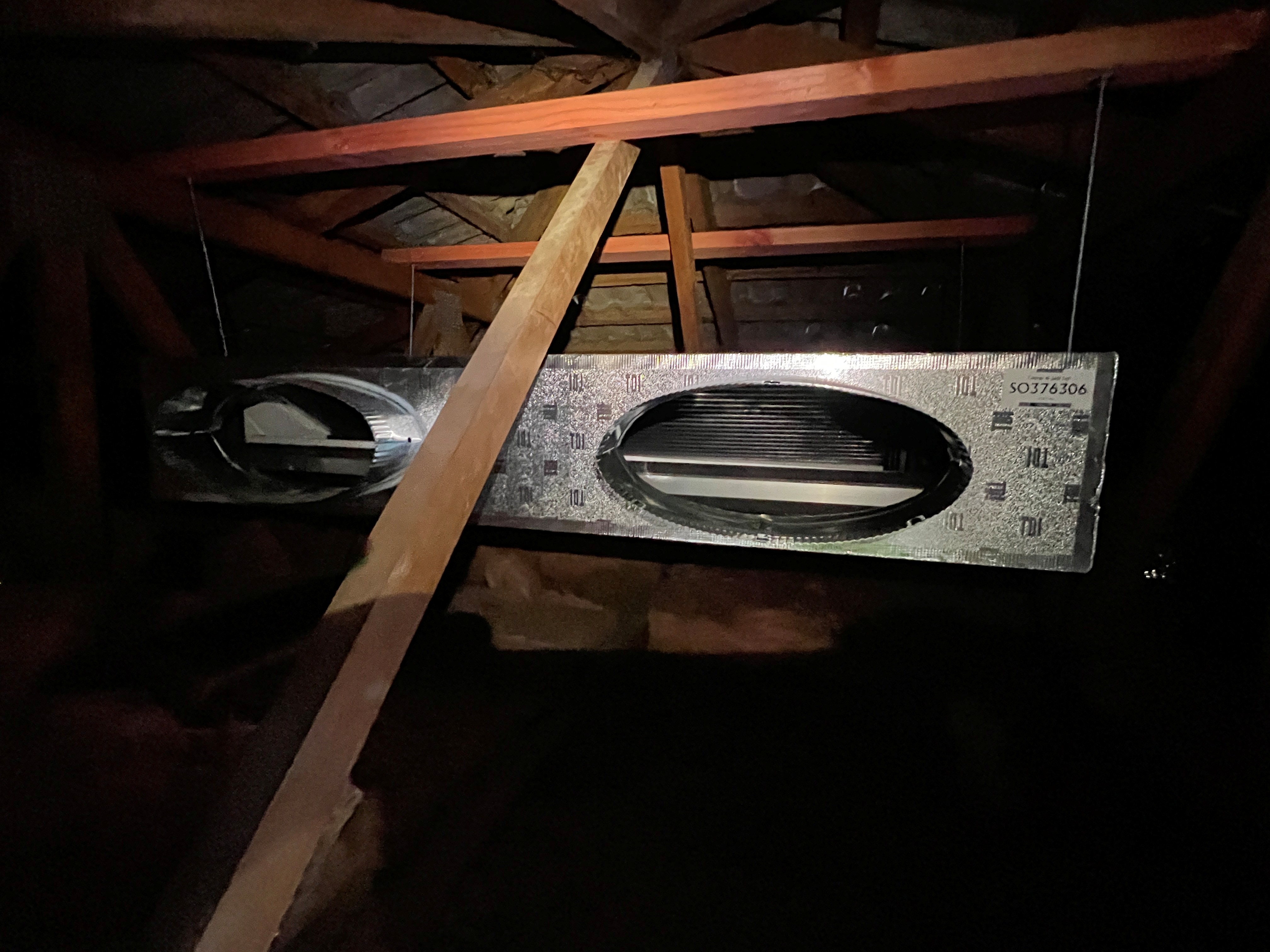 Ducted indoor unit and insulated connection plenum in the Redwood roof space during installation.