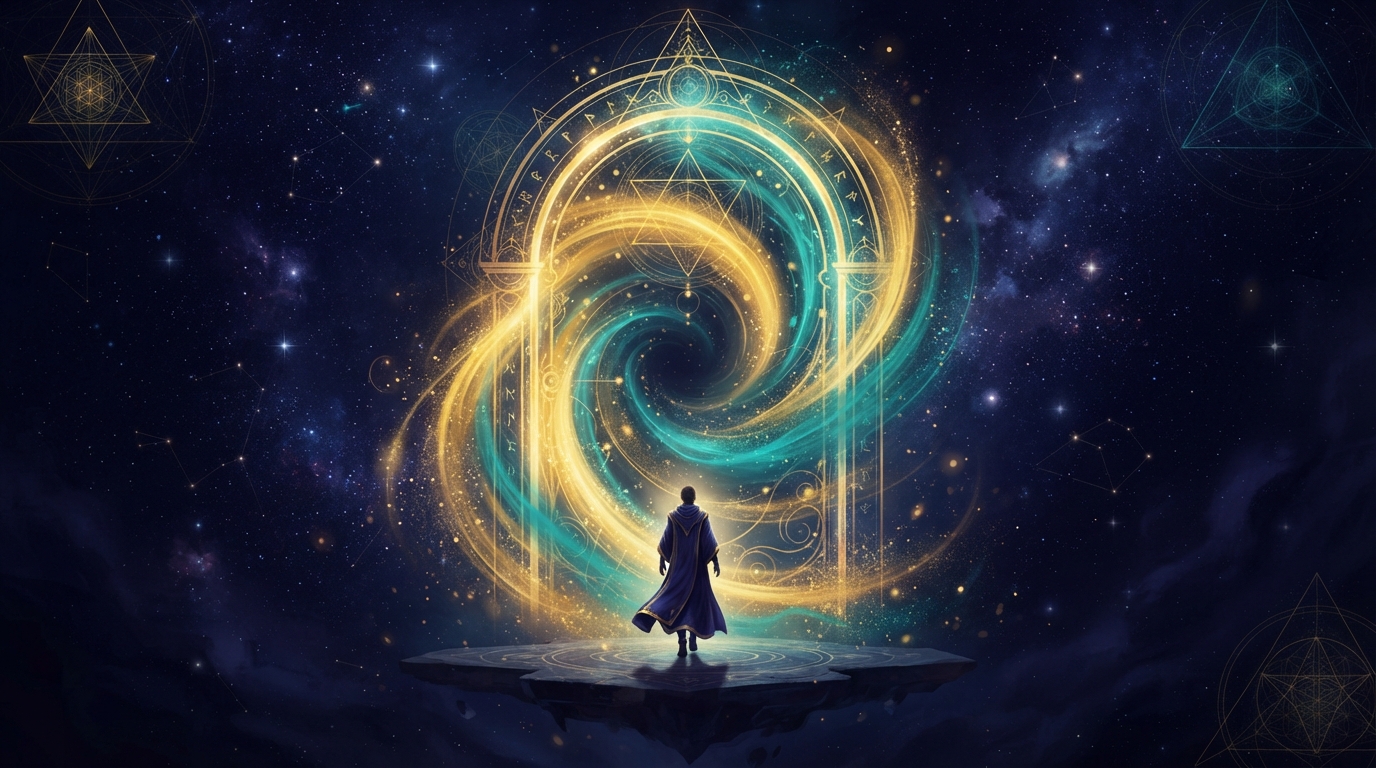 A luminous celestial portal of golden and teal light in a cosmic indigo void