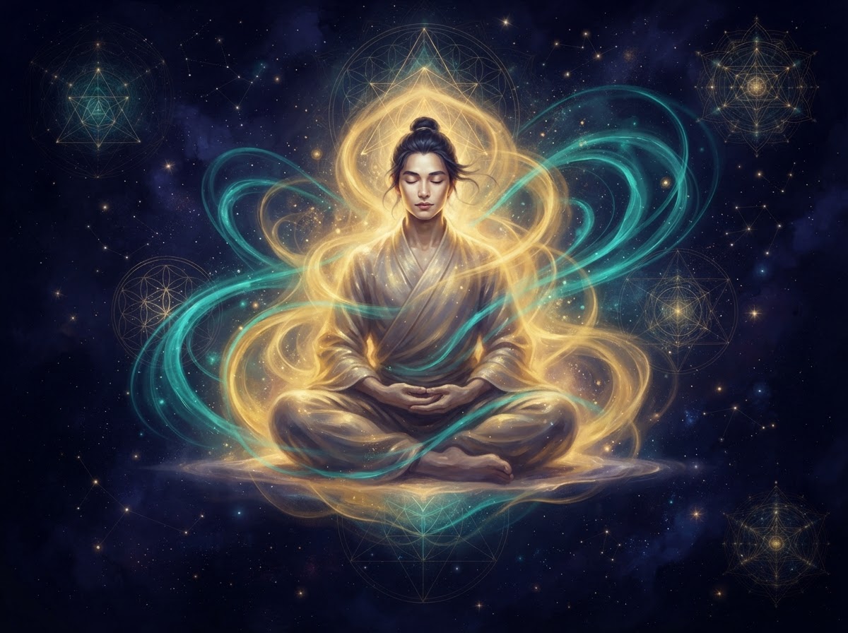 A meditating figure surrounded by golden aura and teal energy in cosmic space