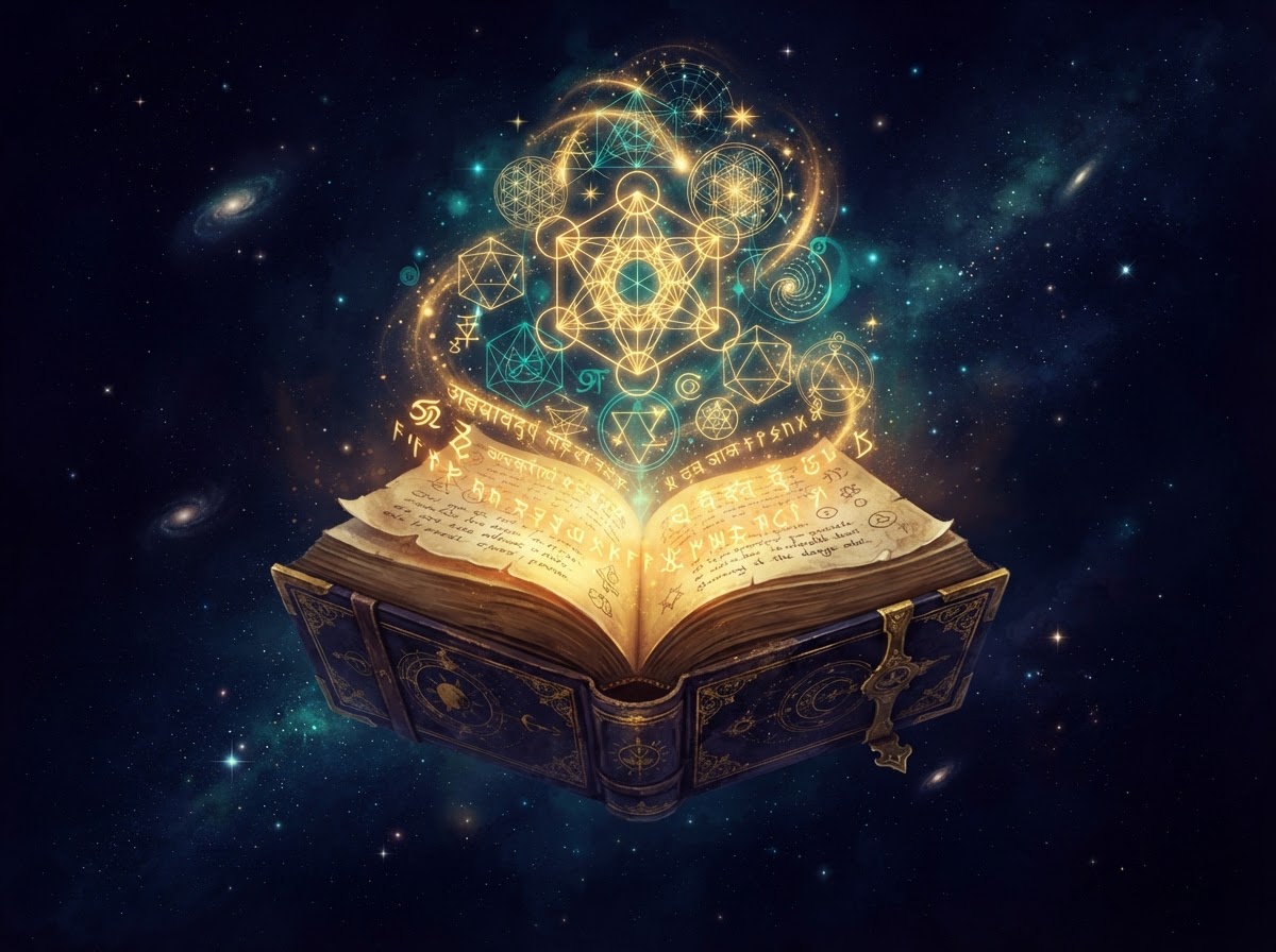 An open book of light with glowing mystical symbols