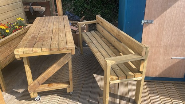 6ft garden table on castors and 6ft bench with back, made from tanalised timber by Carlingford-Cabins.ie