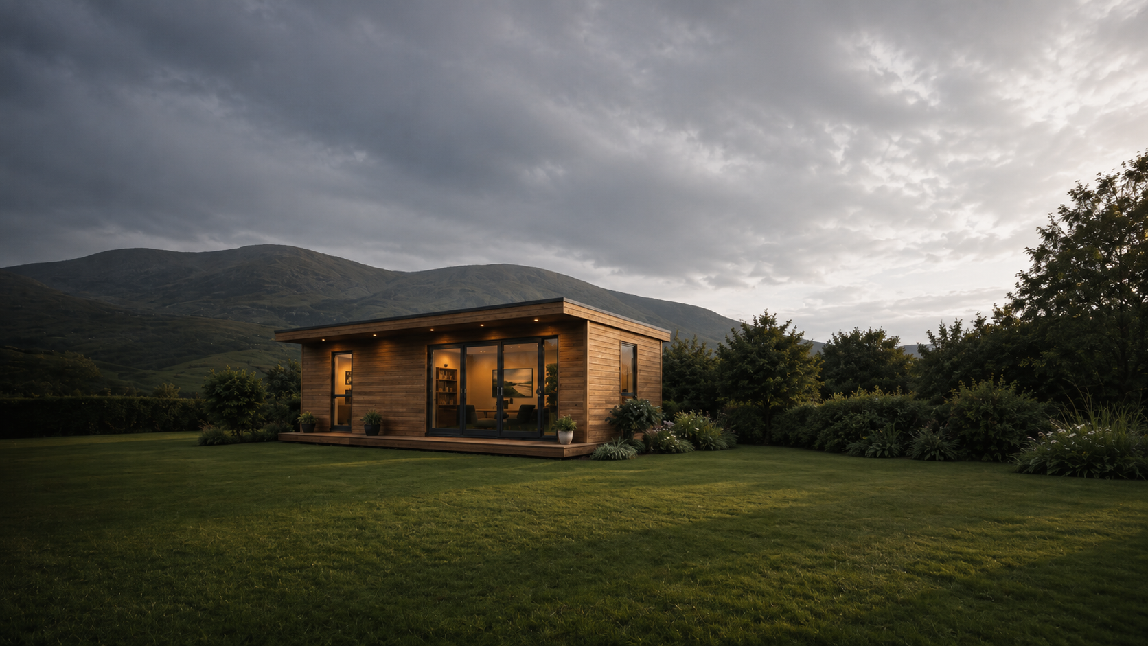 Finished garden room at dusk with interior lights glow and mountain backdrop