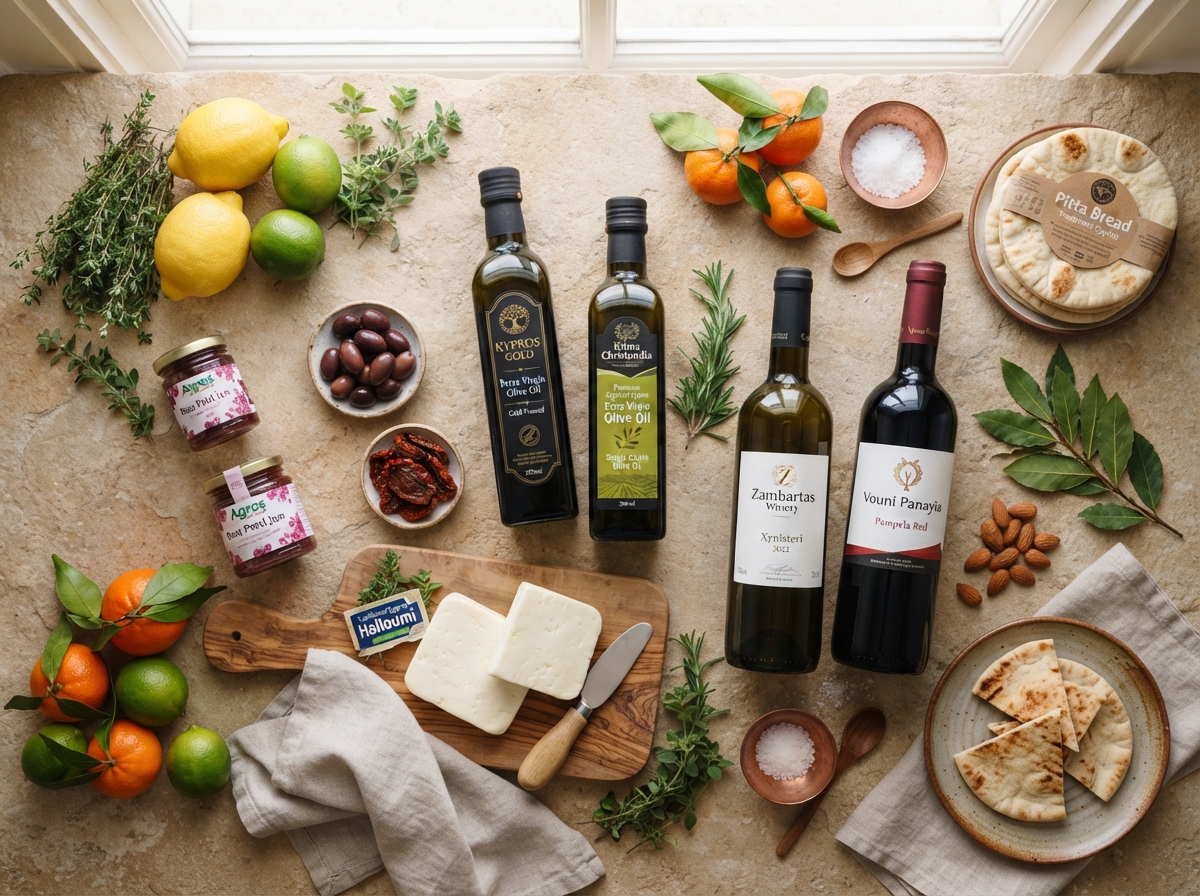 Premium Cyprus products including olive oil, halloumi, wine and citrus on a warm stone surface