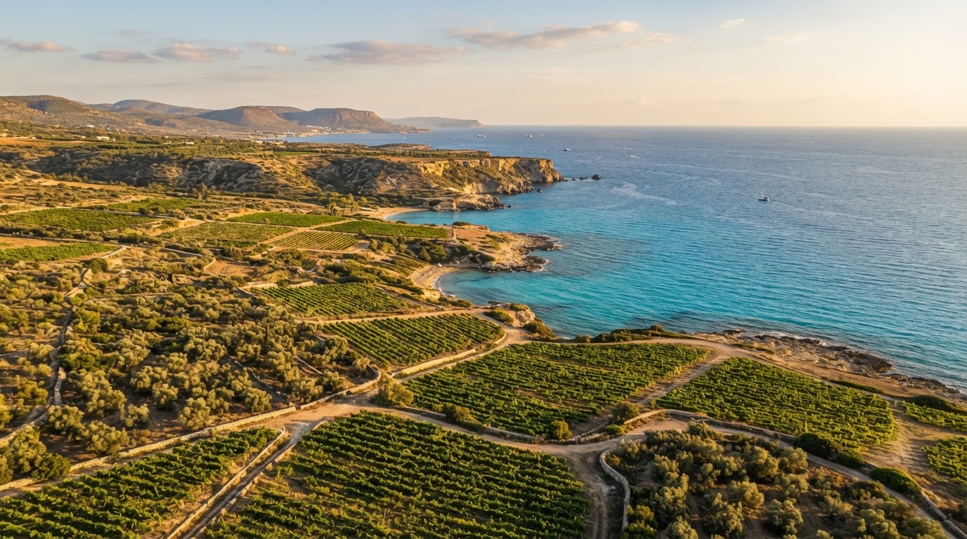 Cyprus Mediterranean coastline with olive groves and vineyards, representing the island as a sourcing origin