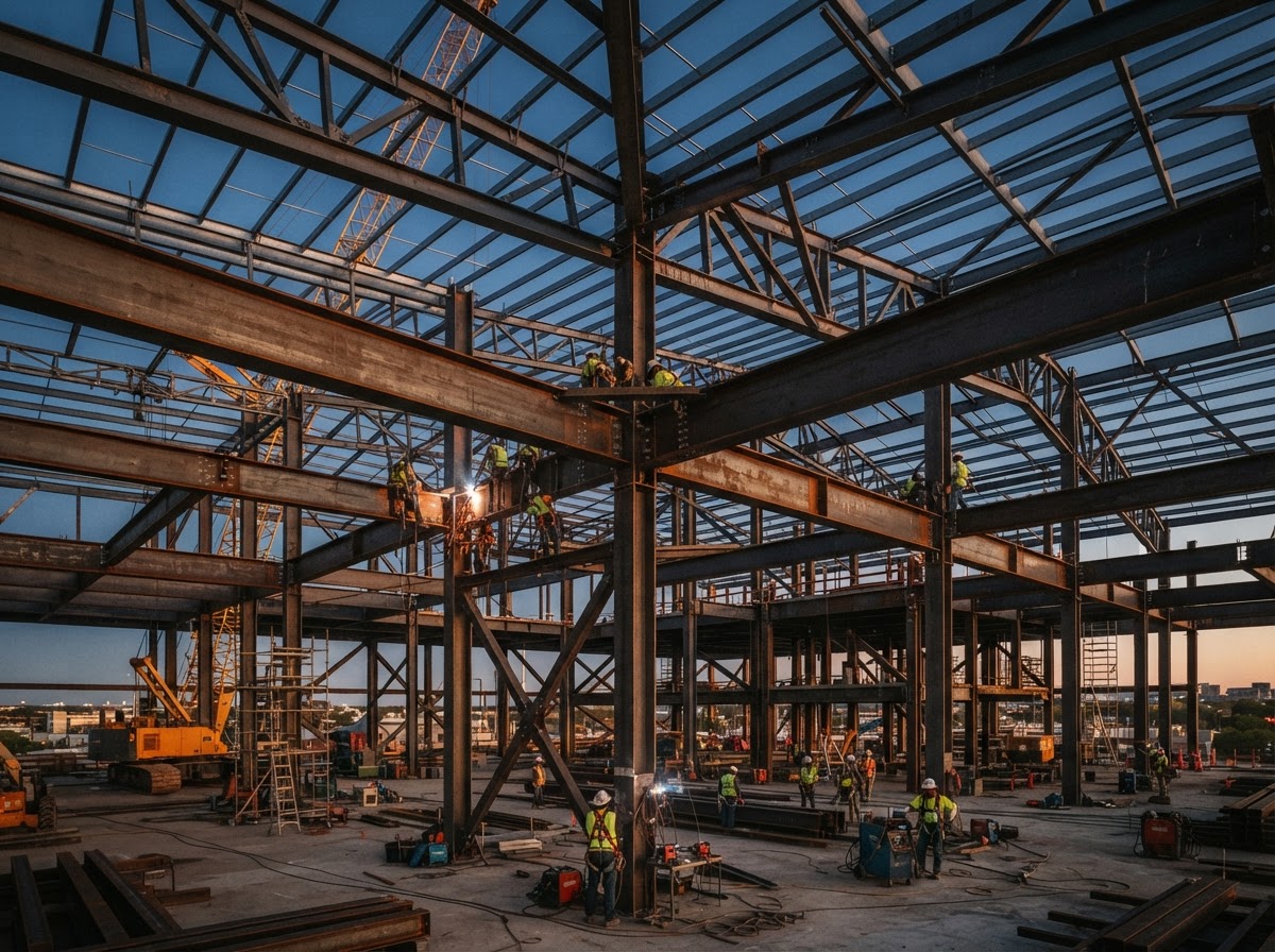 Steel roof beams and framing structure under construction