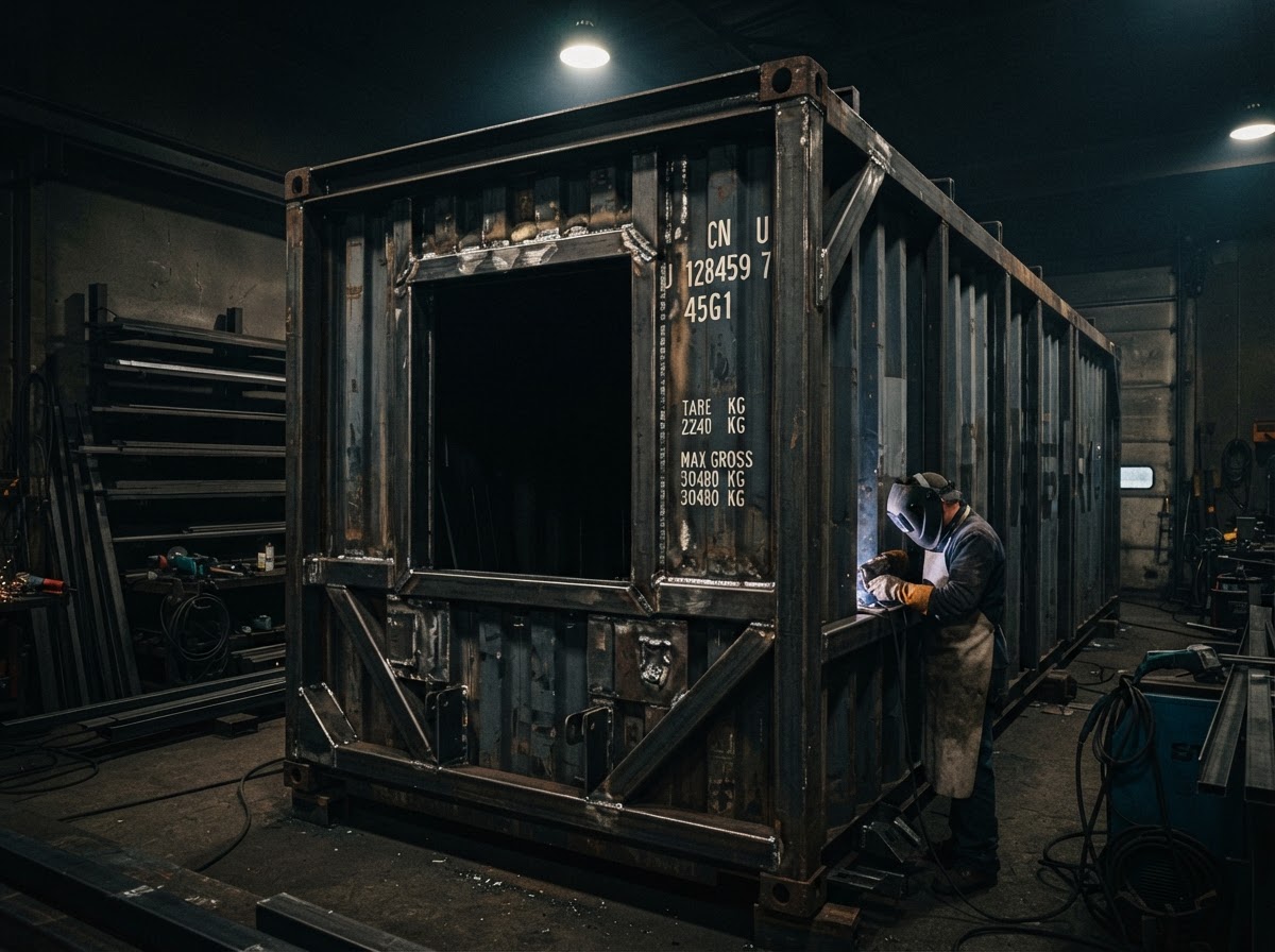 Shipping container modification with welded steel reinforcement