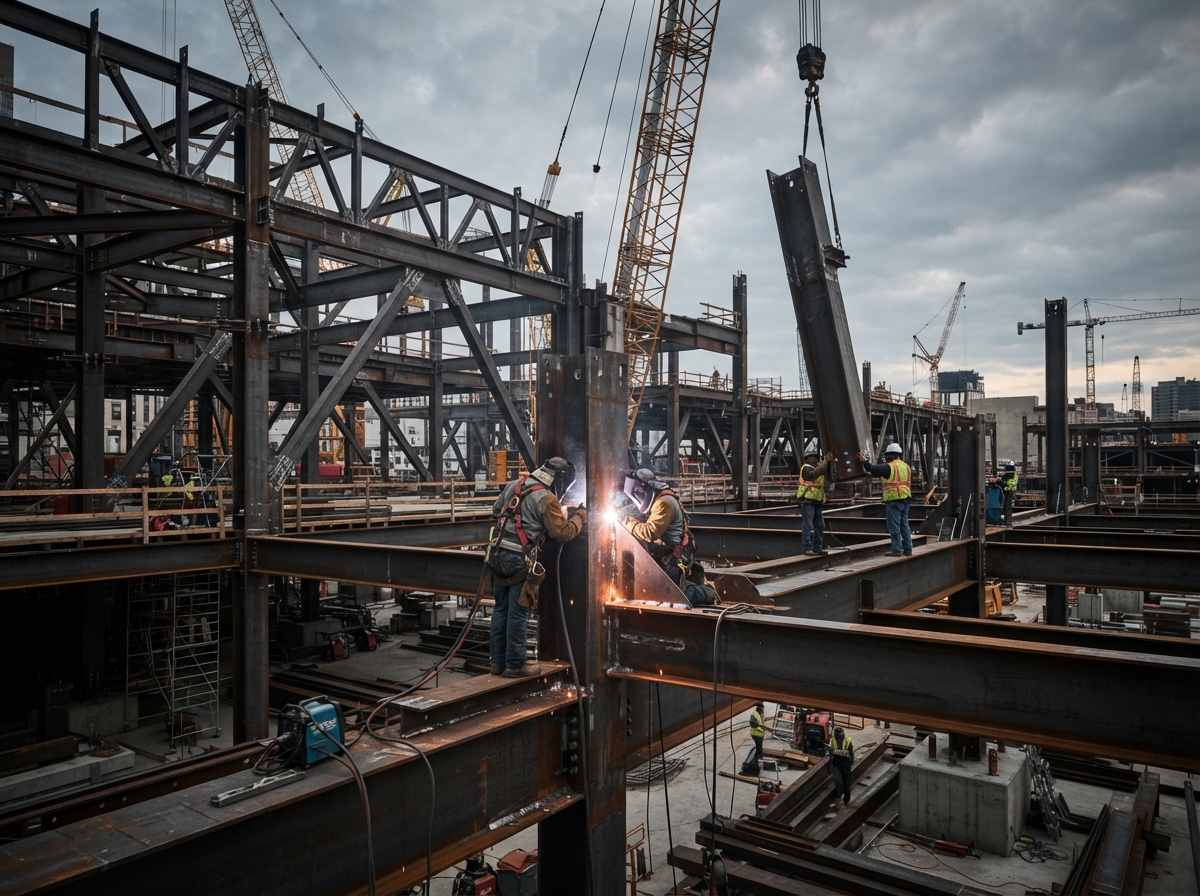 Structural steel beams and columns assembled at a construction site