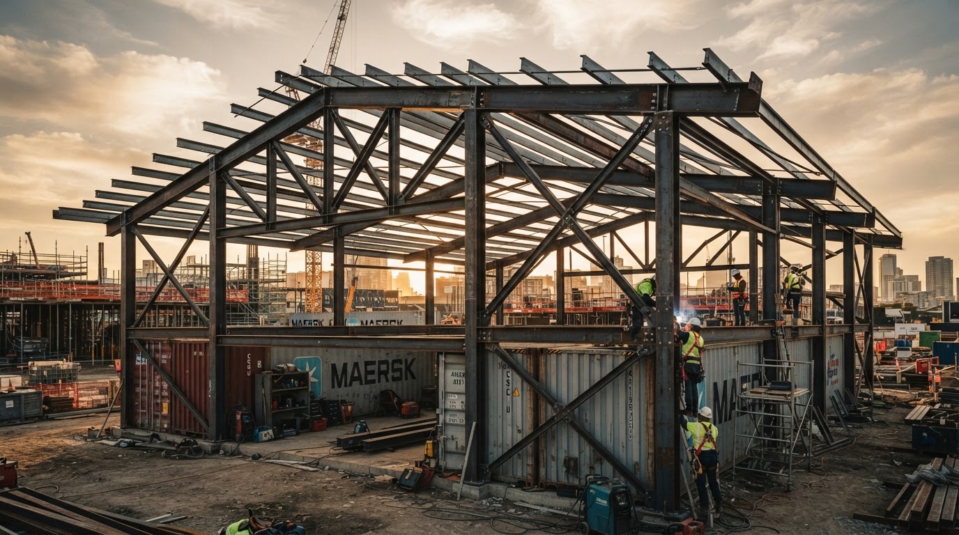 Structural steel roof framing constructed over shipping containers