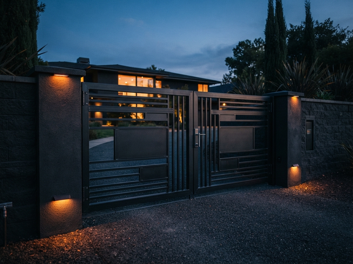 Custom metal gate with welded steel construction for a residential property