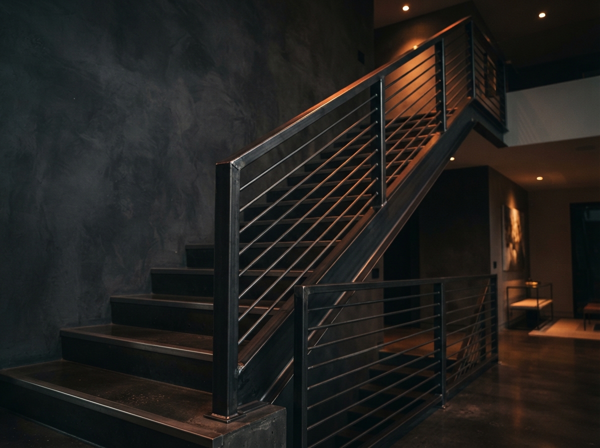 Custom metal railing with welded steel construction for a staircase