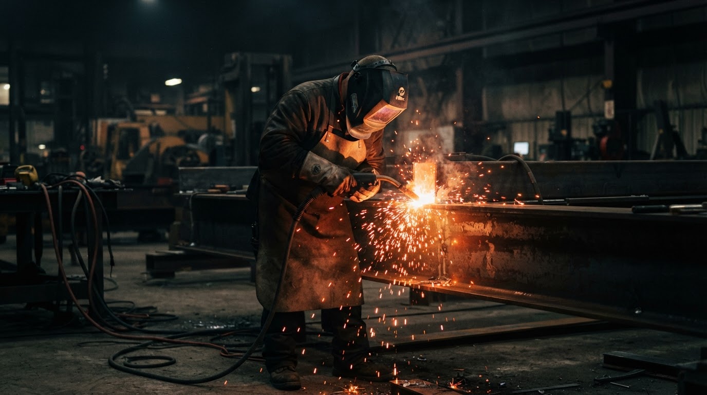 Professional welder working on structural steel with bright sparks flying at a construction site in Hialeah, FL