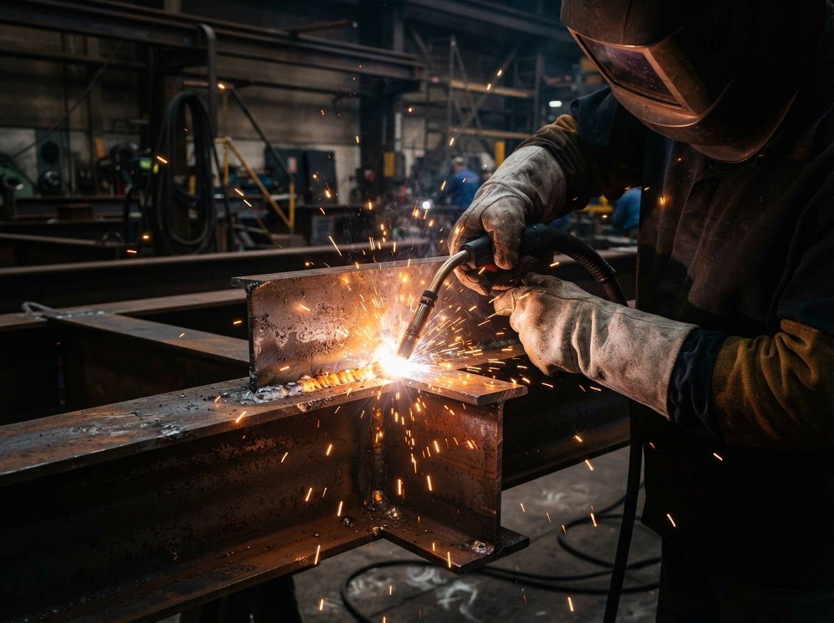 Close-up of professional welding a steel joint with sparks