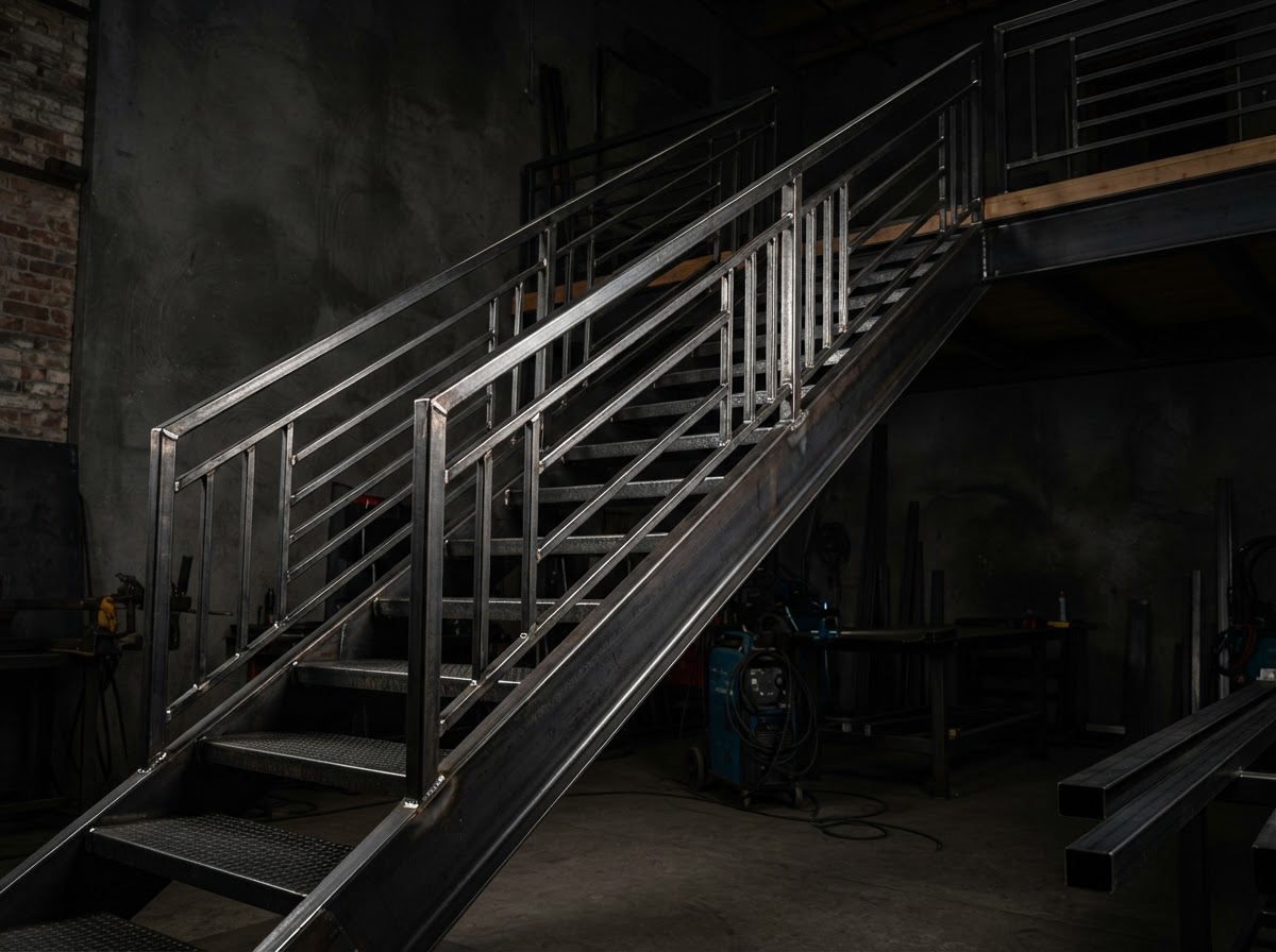Custom welded steel staircase with industrial modern design