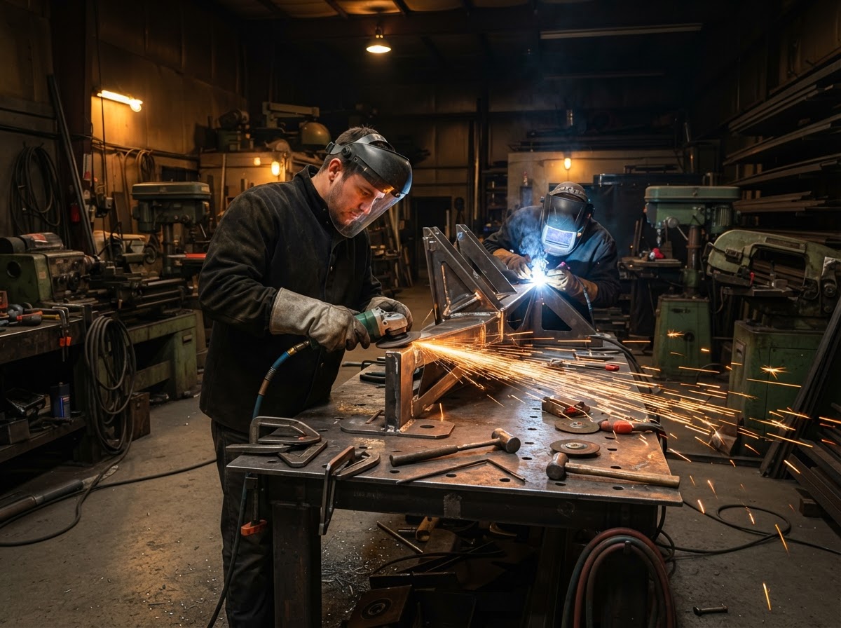 Custom metal fabrication with precision grinding and welding sparks