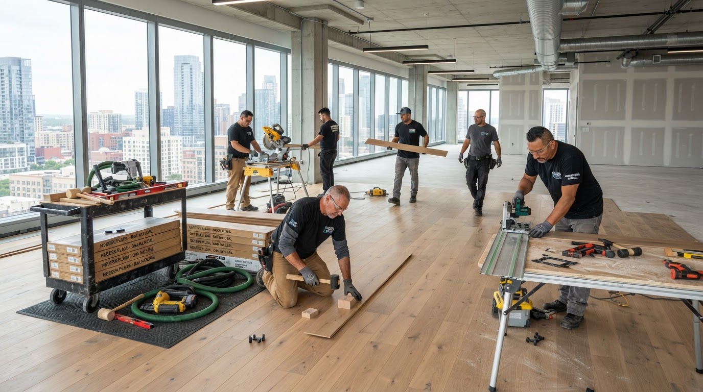 Professional flooring installation crew working on a commercial project