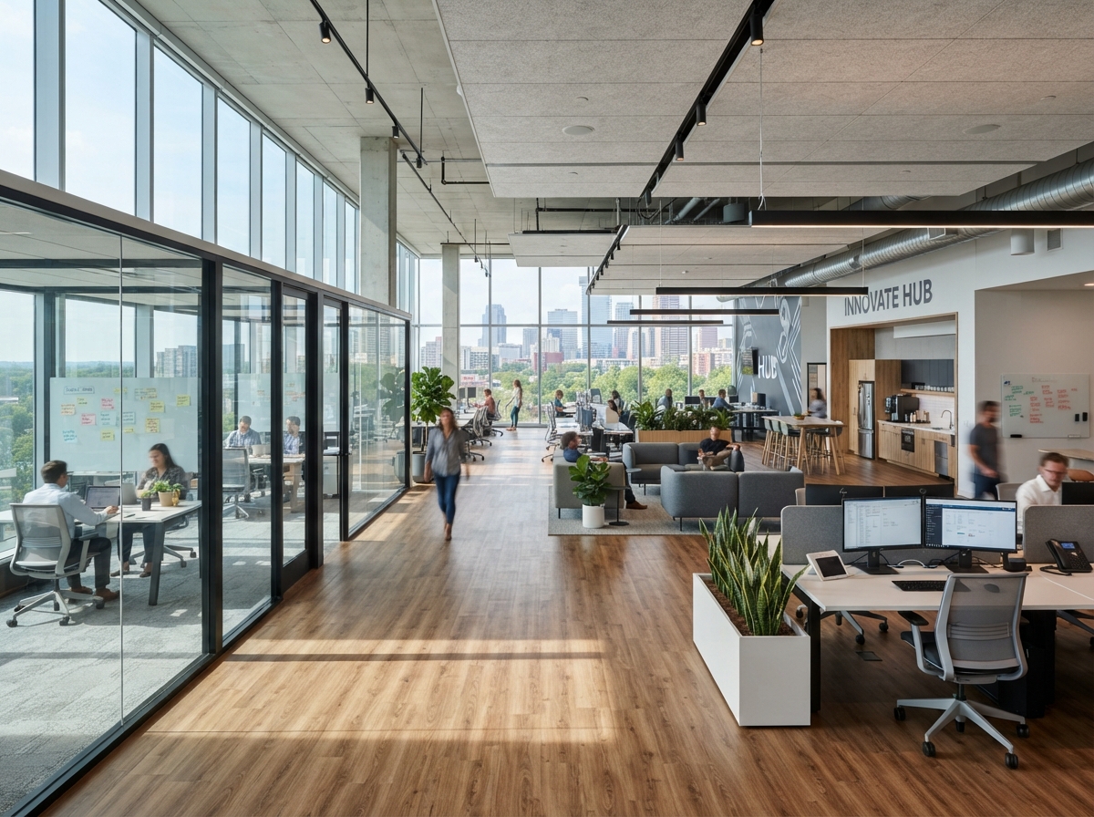 Modern commercial office interior with luxury vinyl plank flooring — representative project type Genesis serves