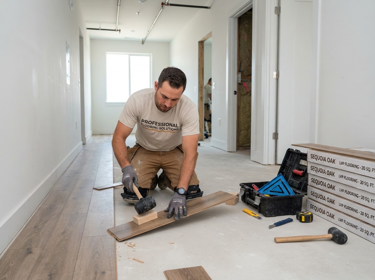 Commercial construction interior with professional flooring installation underway