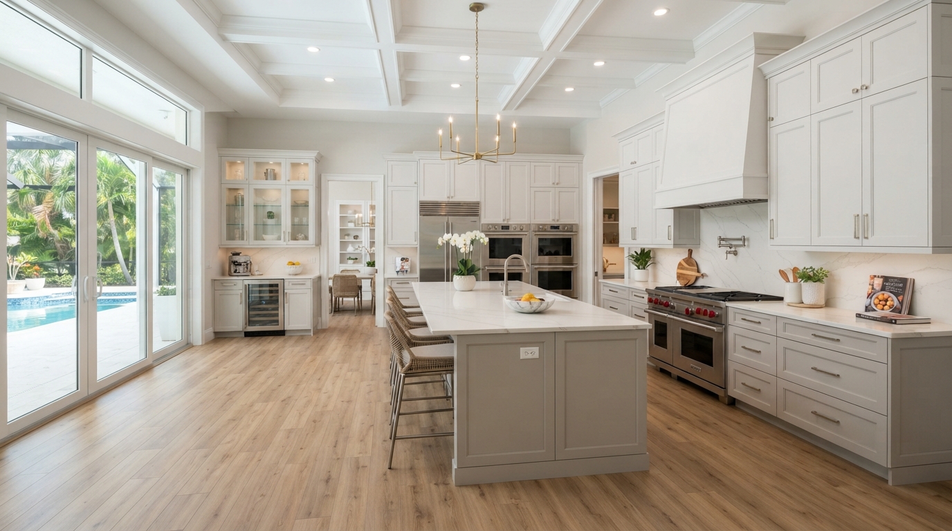 Modern Florida kitchen with continuous luxury vinyl plank flooring