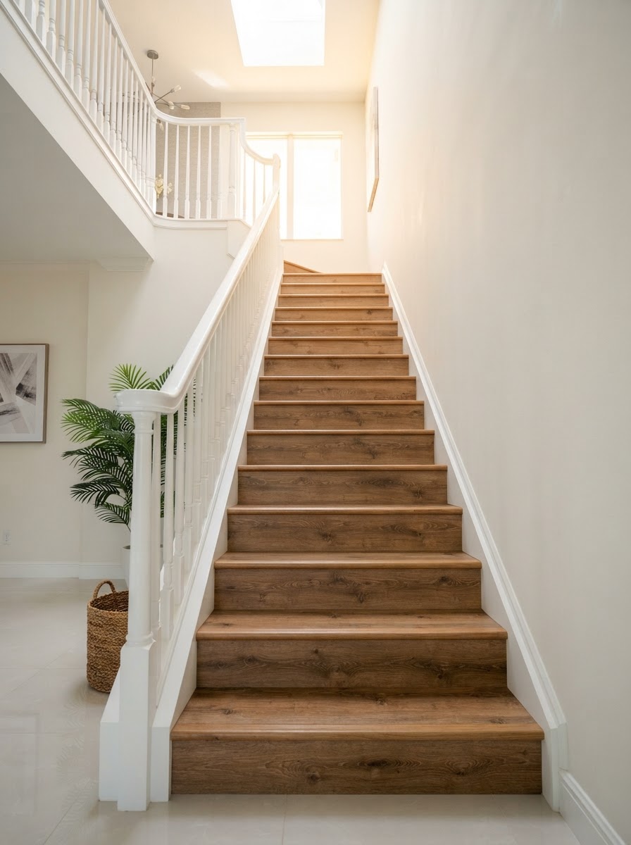 Beautiful modern staircase with wood-tone plank treads and crisp white painted risers — stair flooring installation example