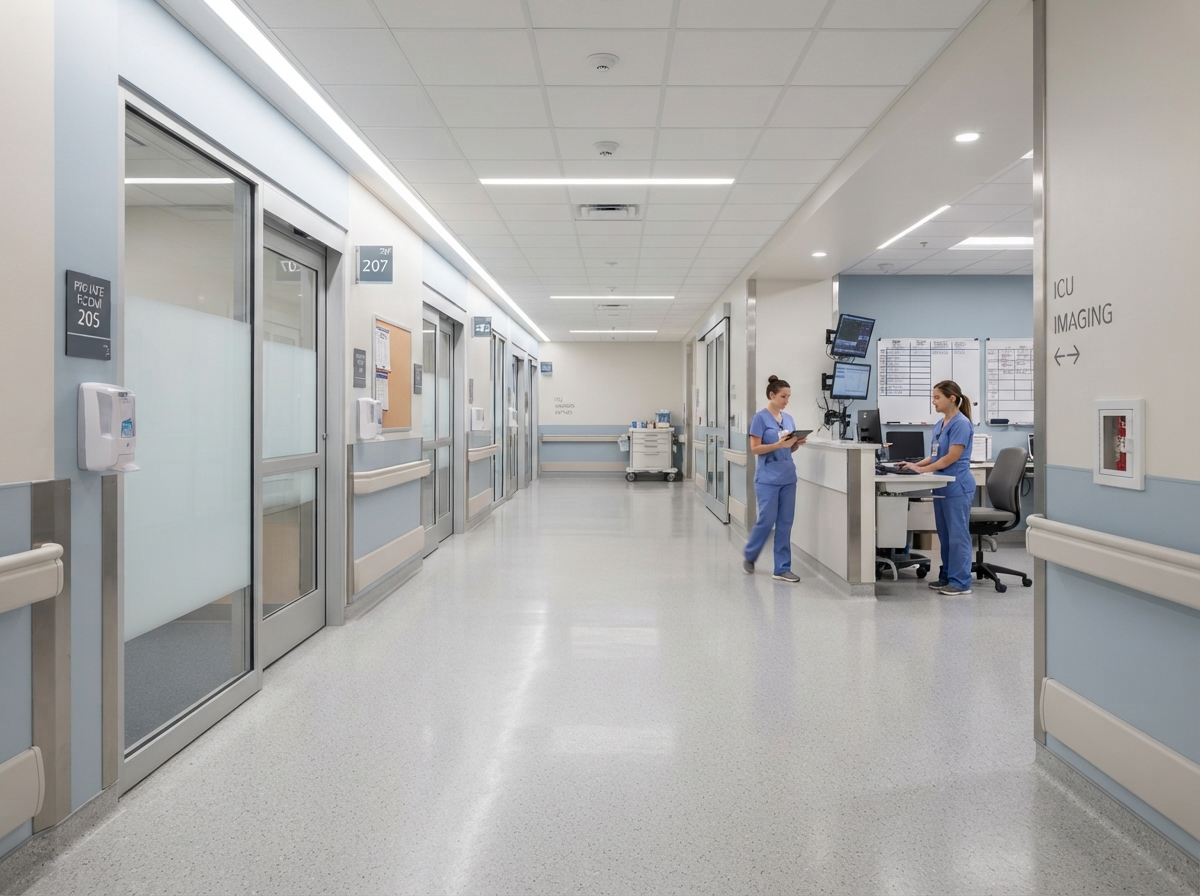 Hospital corridor with seamless commercial resilient flooring — representative project type Genesis serves