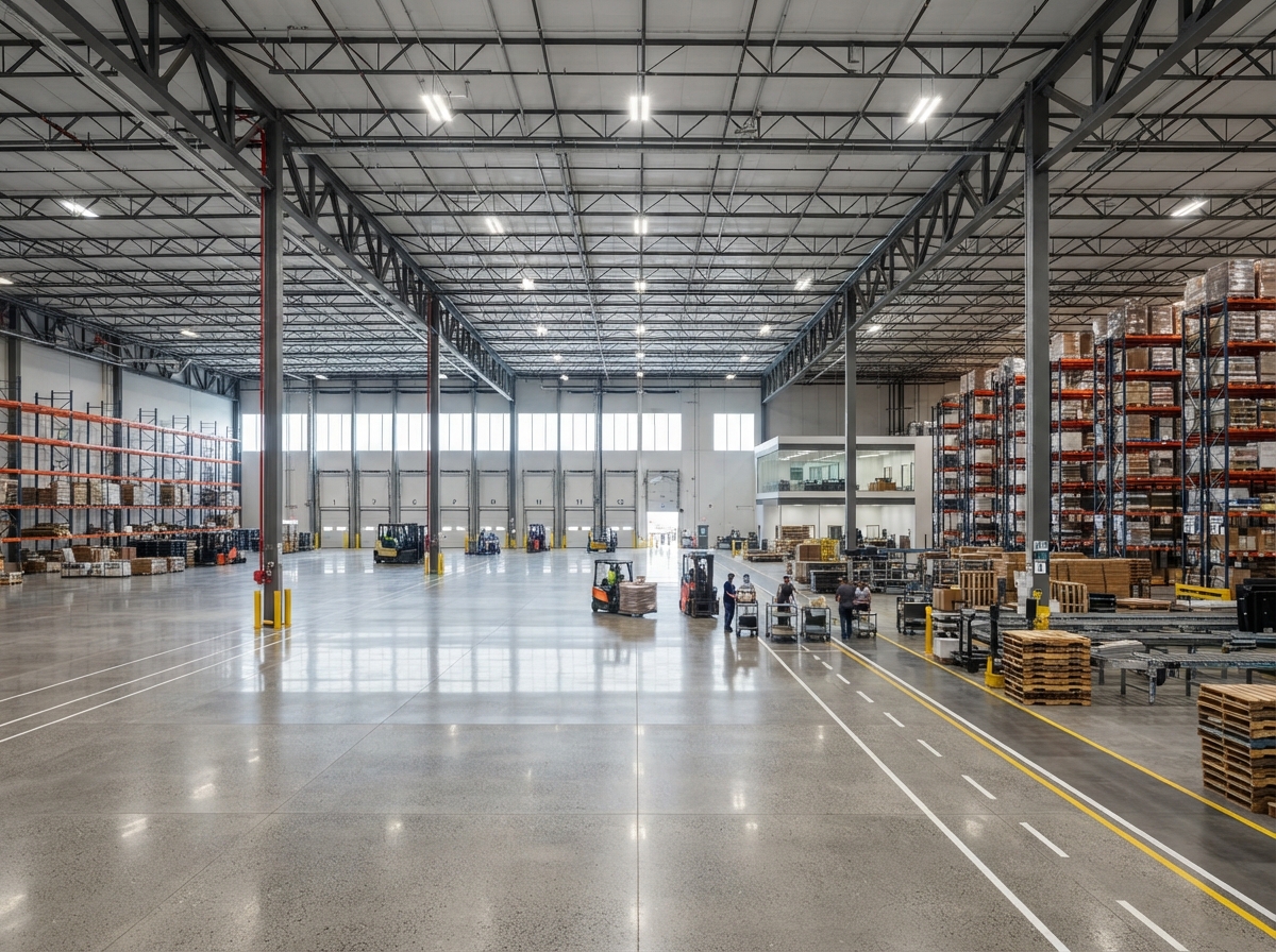 Large warehouse interior with commercial flooring — representative project type Genesis serves