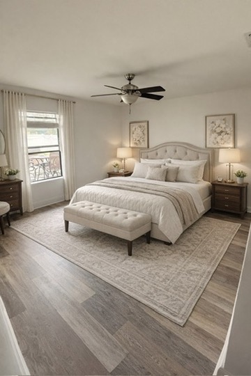 Master bedroom suite with premium multi-tone wood-grain plank flooring and elegant rug
