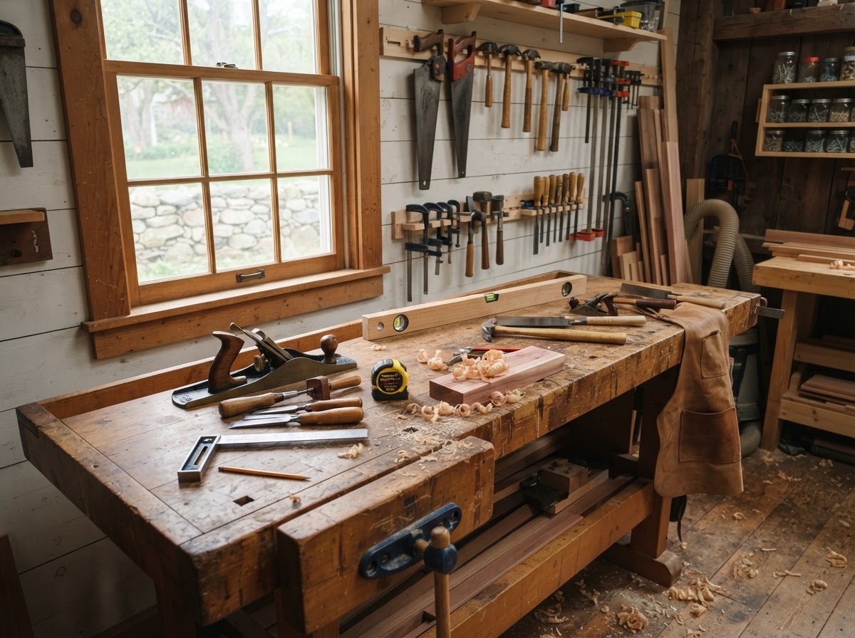 Carpenter's workbench with hand tools — Handy Lou's custom cabinetry and trim work