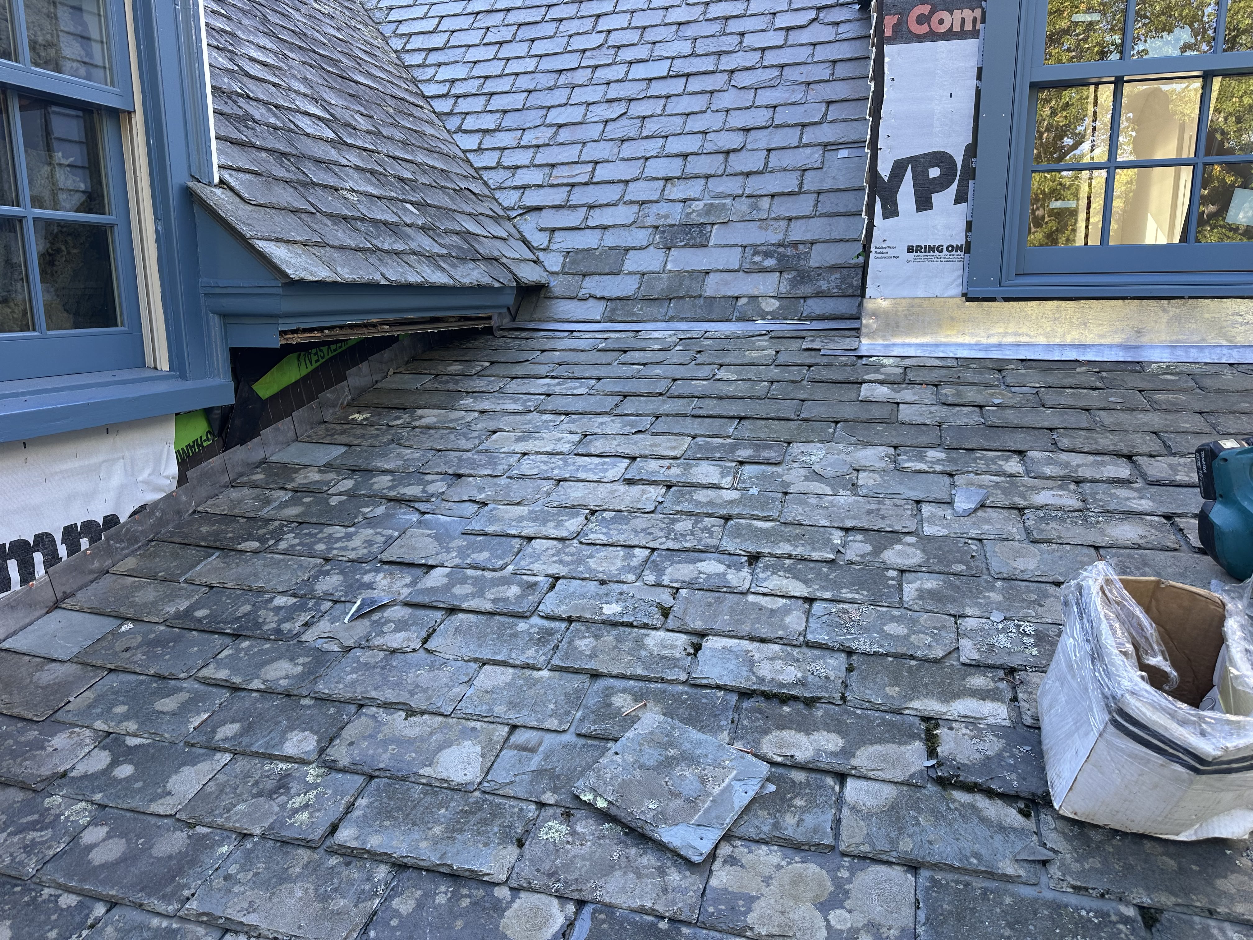 Close-up of natural slate tile roof pattern and texture
