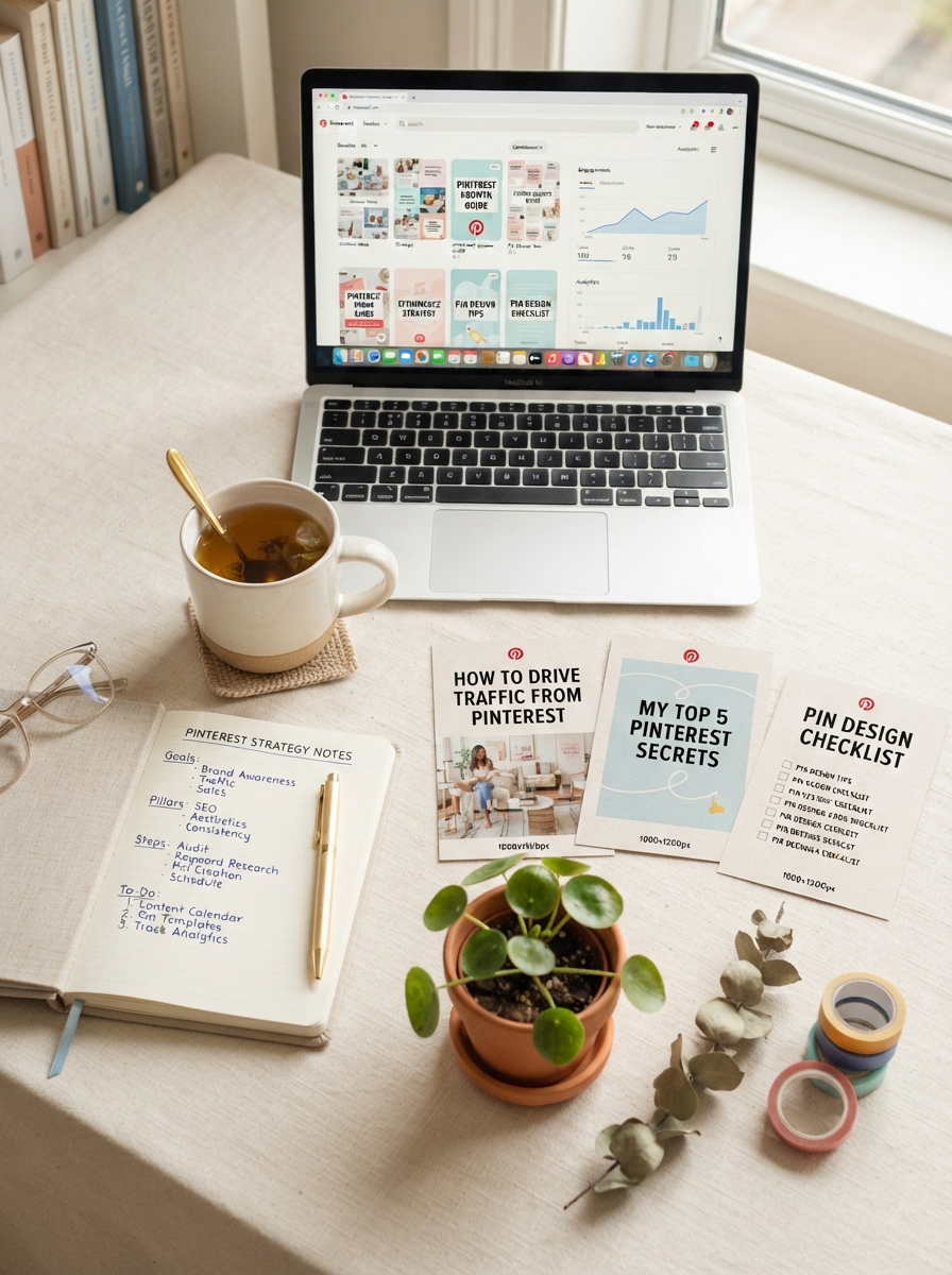 Pinterest marketing workspace with laptop, analytics, strategy notes and tea