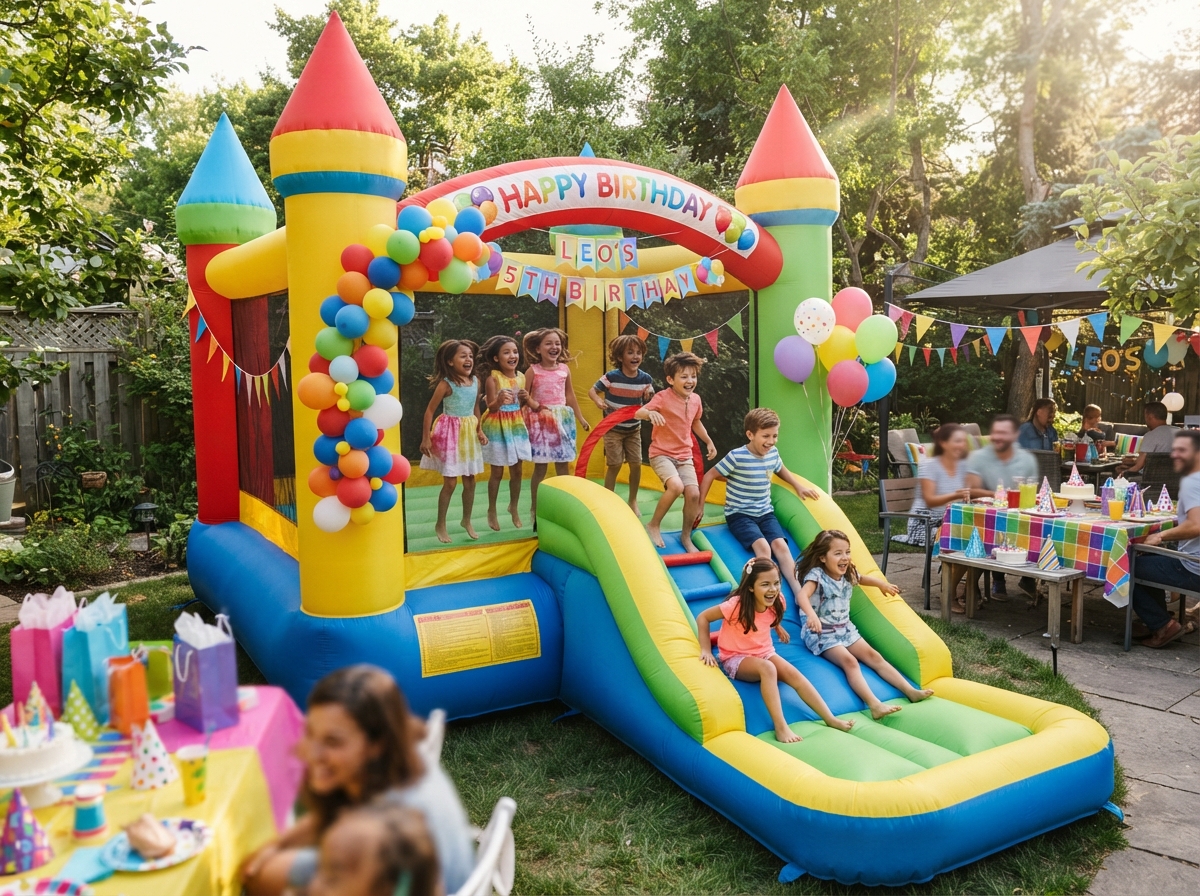 Colorful bounce house at a children's birthday celebration