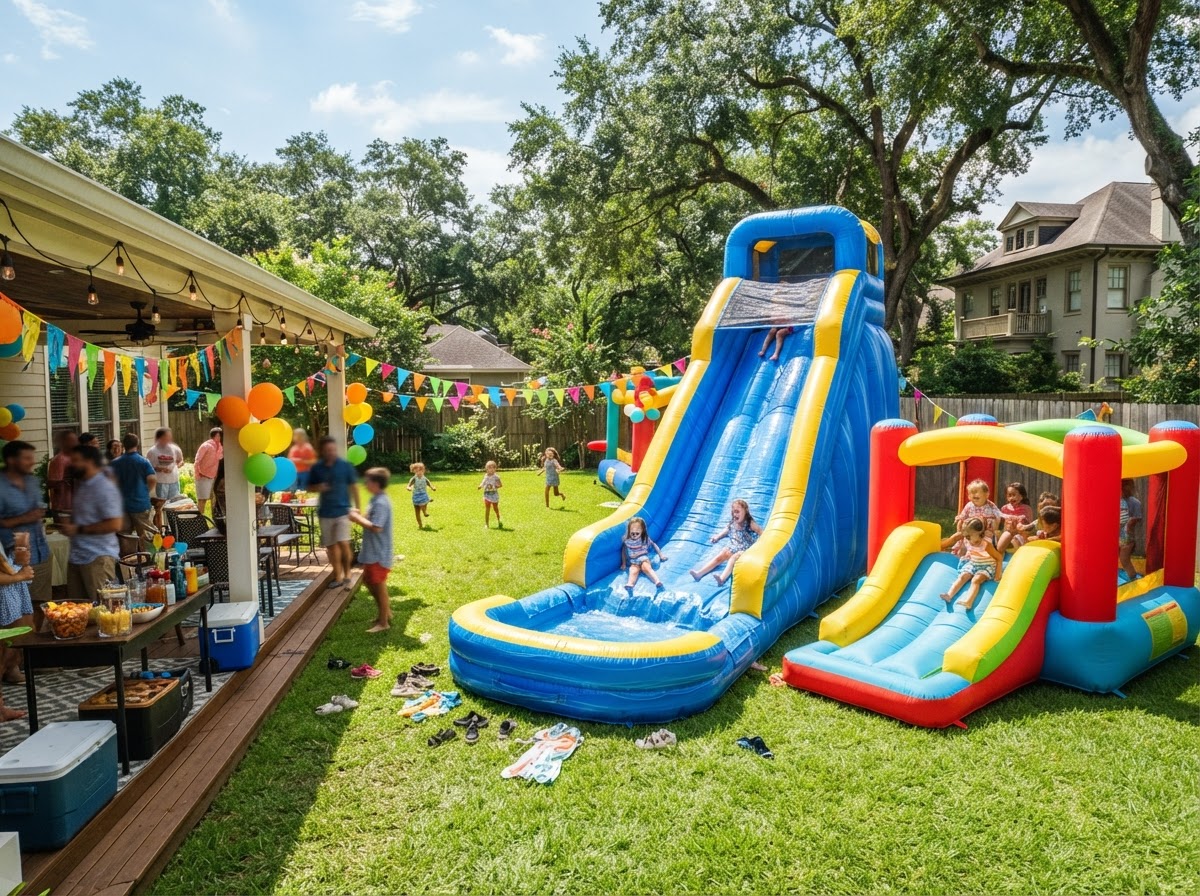 Colorful bounce houses and water slides at an outdoor party in Louisiana
