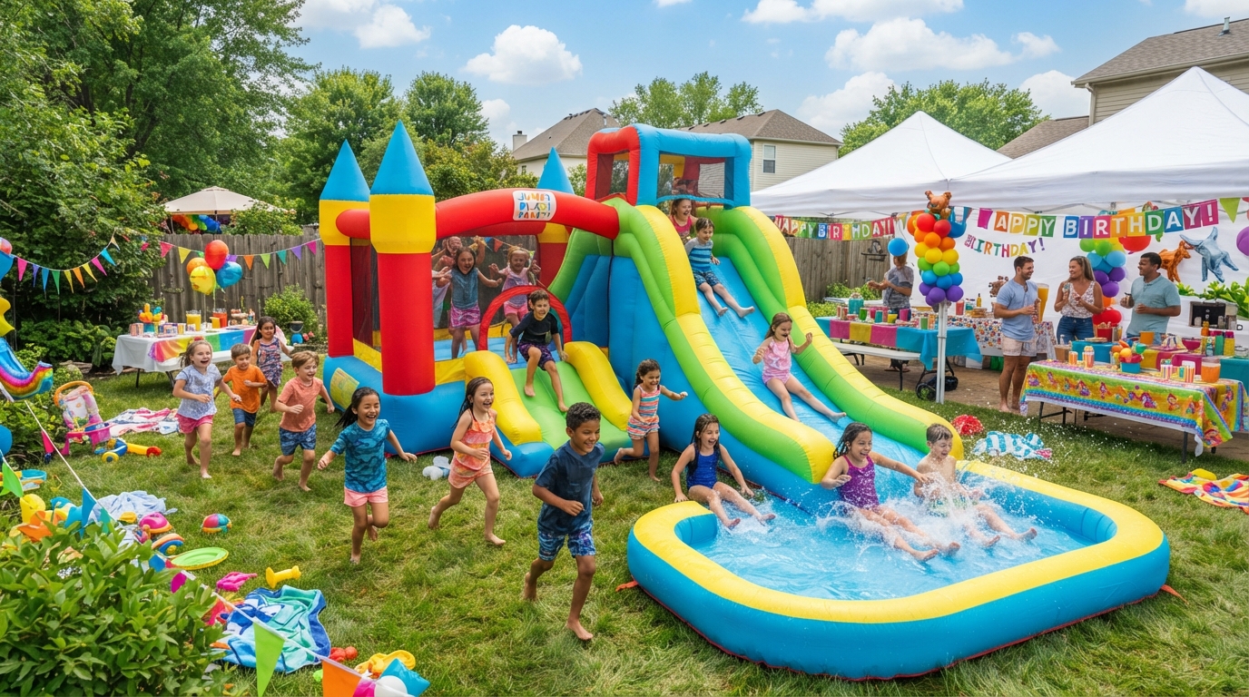 Colorful bounce houses and water slides at an outdoor party
