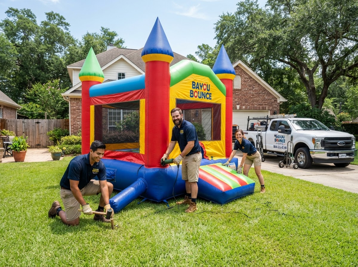 Mokas Party Rentals delivery team setting up inflatables in Alexandria LA