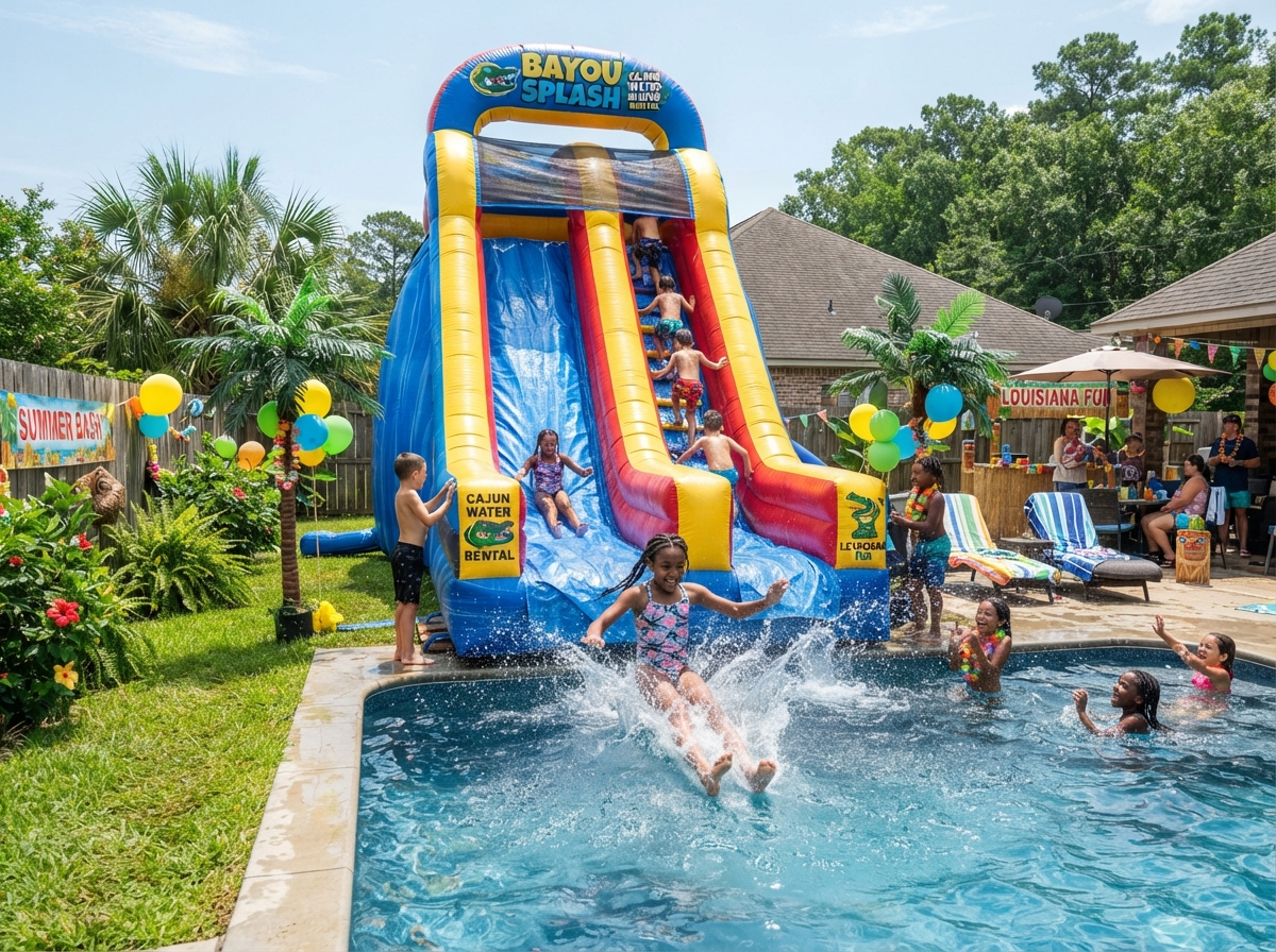 Water slide splash zone at a hot Louisiana summer party
