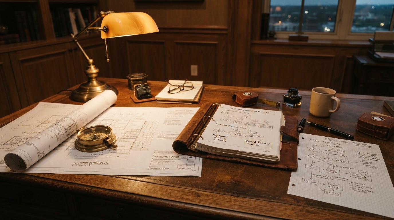 Executive desk with architectural blueprints, brass compass, leather-bound transition planning binder with organizational charts, and warm amber desk lamp
