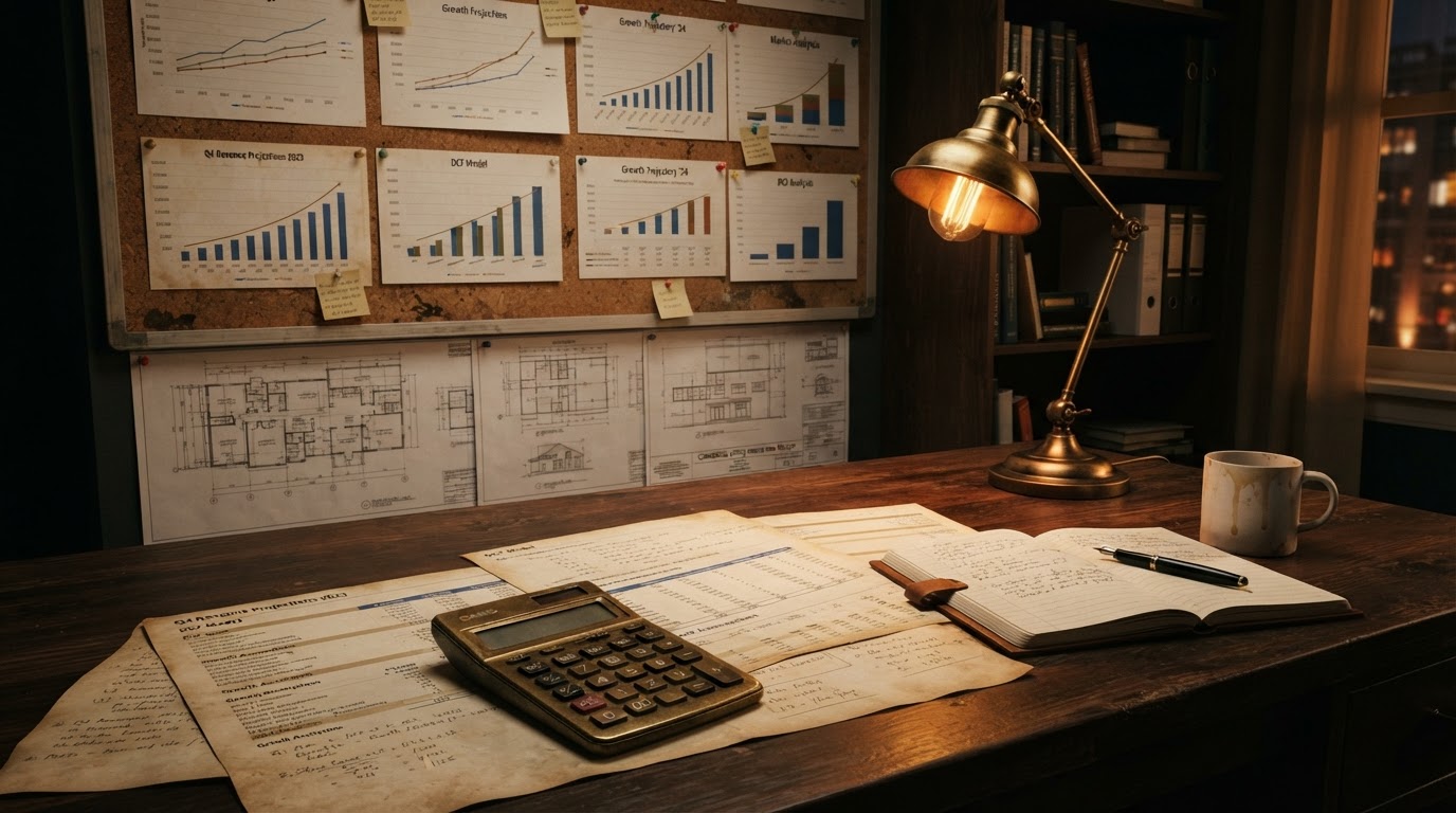 Dark walnut desk with printed financial modeling spreadsheets, brass calculator, and growth projection charts pinned to a corkboard in warm amber light