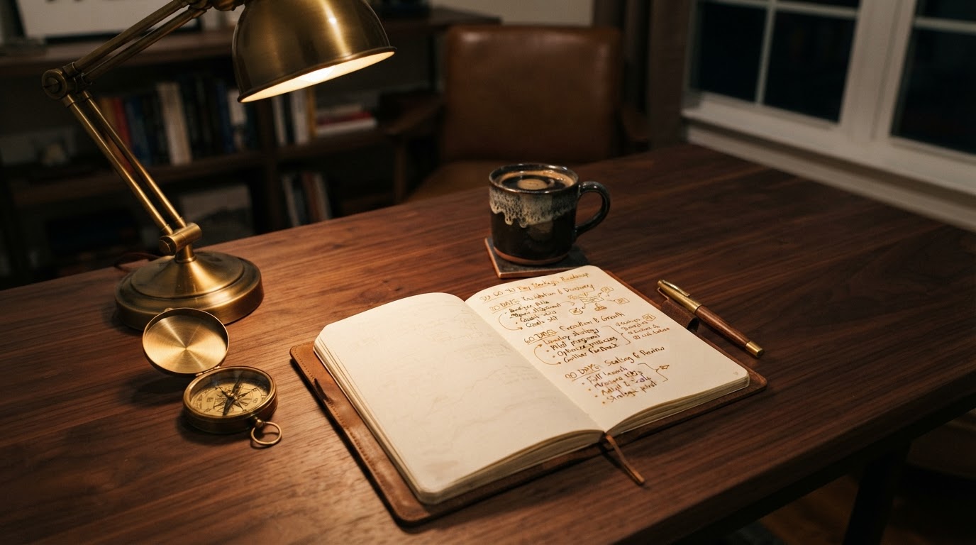 Open notebook on a dark walnut desk with a 30-60-90 day roadmap sketched in amber ink and a brass compass