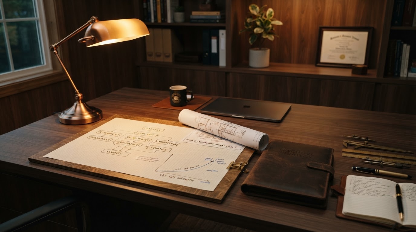 Modern executive desk with architectural blueprints, brass instruments, and a warm amber desk lamp on graph paper with growth charts