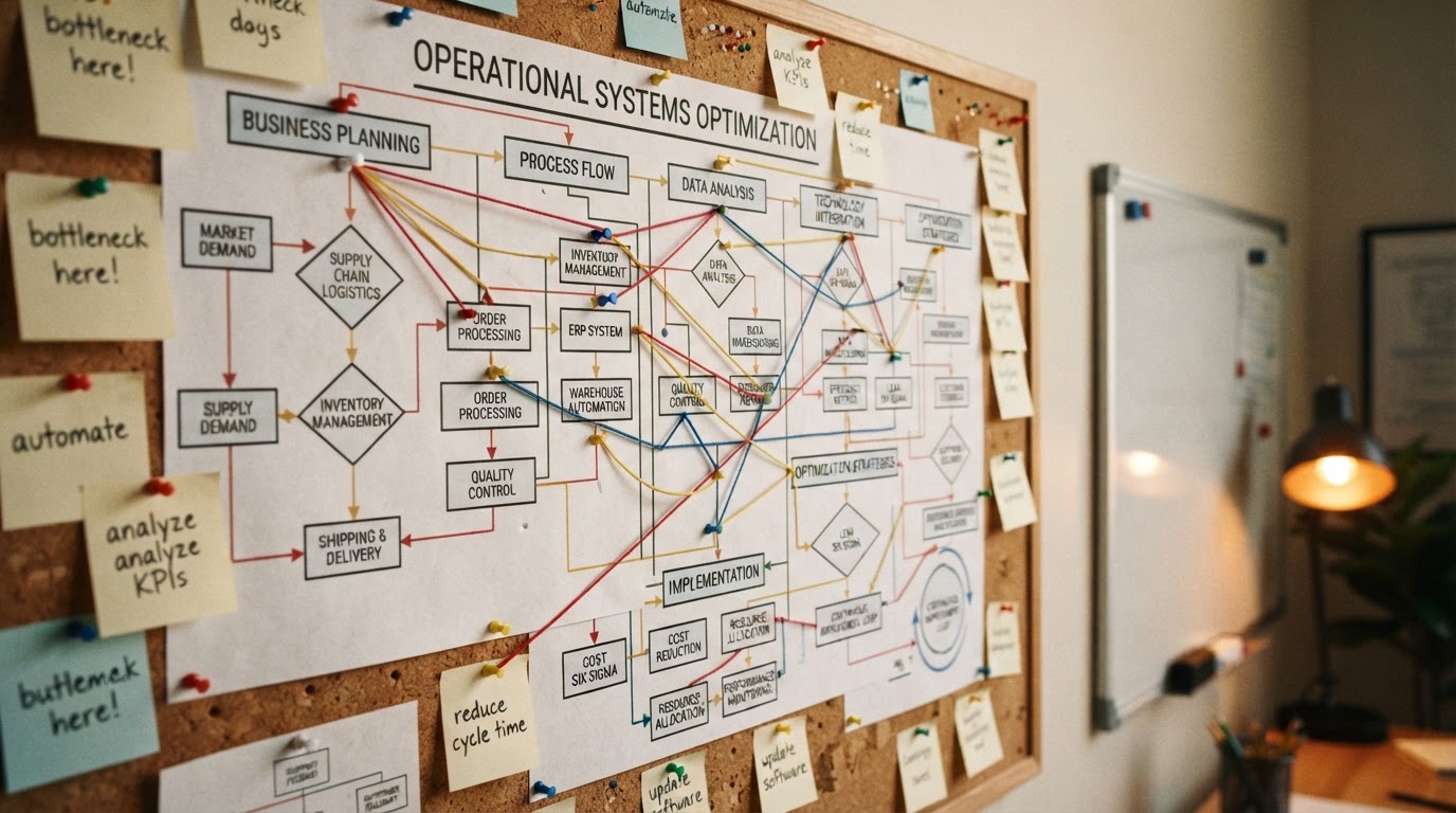 Flowchart diagram pinned on a corkboard with colored pins, sticky notes, and connecting string mapping business processes
