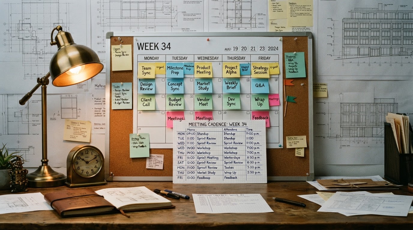 Weekly planning board with calendar pages, color-coded sticky notes, brass desk clock, and meeting cadence schedule in warm amber light