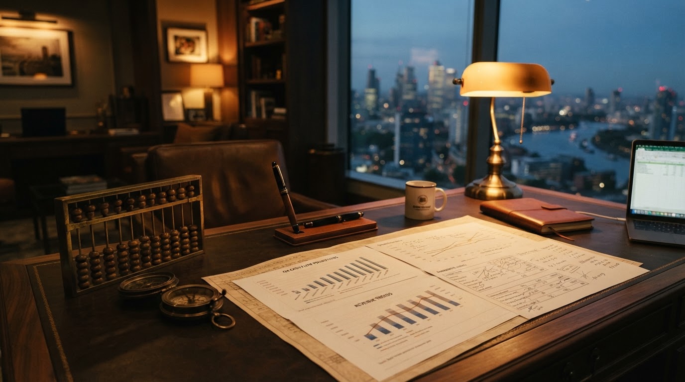 Dark walnut executive desk with cash flow projection charts, brass abacus, antique compass, and warm amber desk lamp with city skyline at dusk