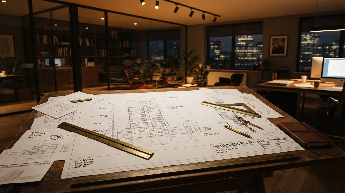 Architectural blueprint of a building expansion spread across a drafting table with brass rulers