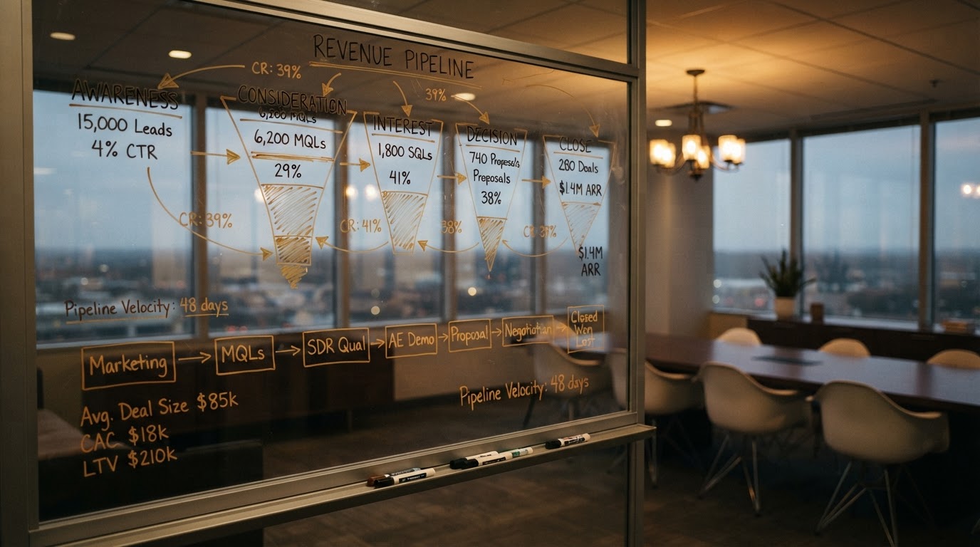 Large glass whiteboard with hand-drawn sales funnel diagrams and conversion metrics in amber marker