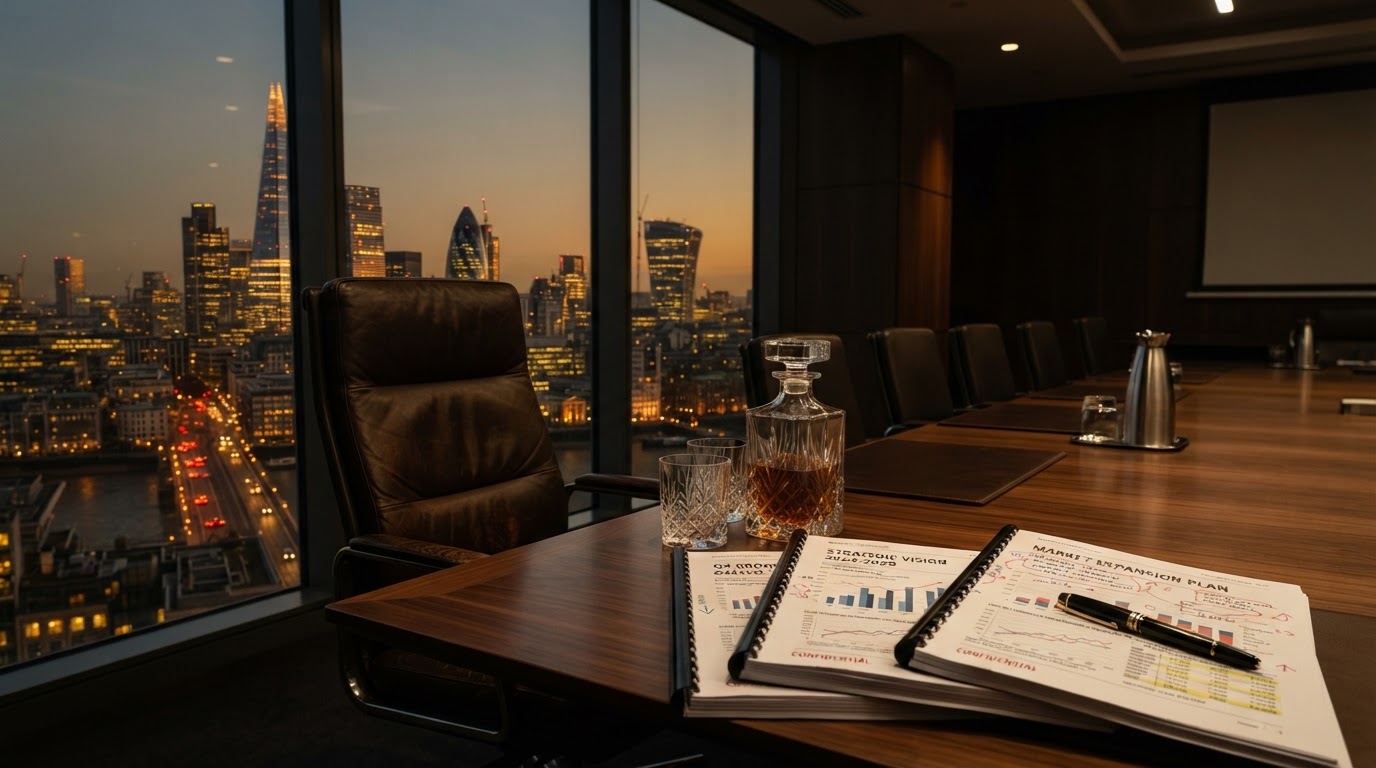 Boardroom table with strategic planning documents and city skyline view in warm amber light
