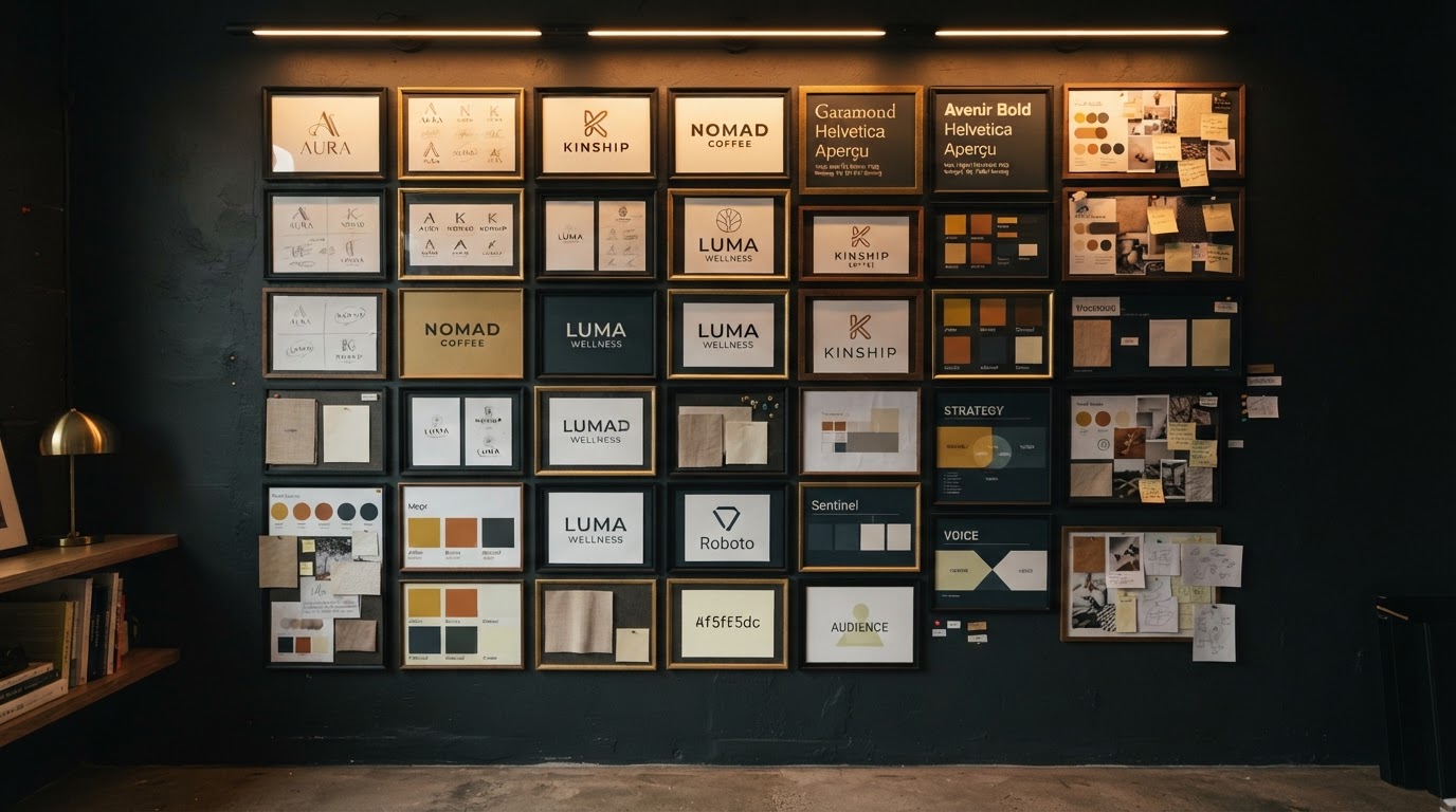 Dark wall of framed logo concepts, typography swatches, and mood boards illuminated by warm amber spotlights